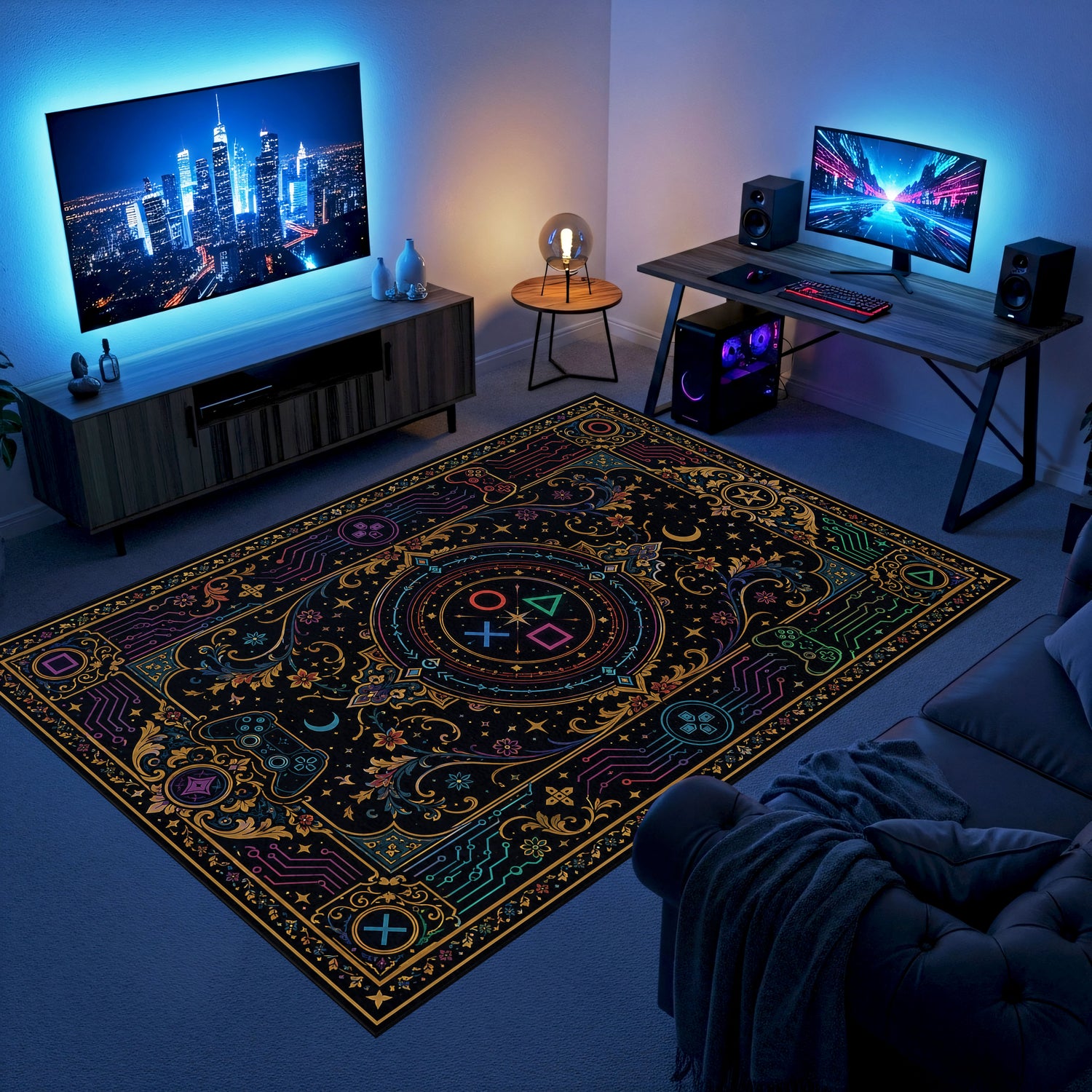 Mistik Devre Gaming Halısı | Neon Semboller Barok Desen Siyah