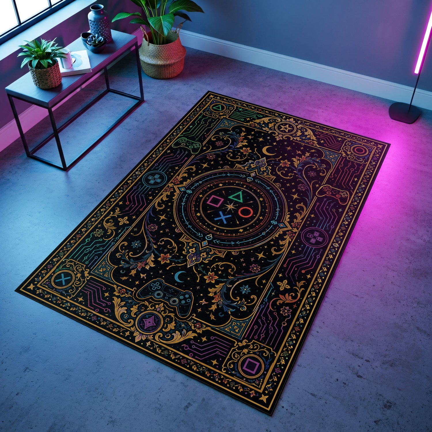 Mistik Devre Gaming Halısı | Neon Semboller Barok Desen Siyah