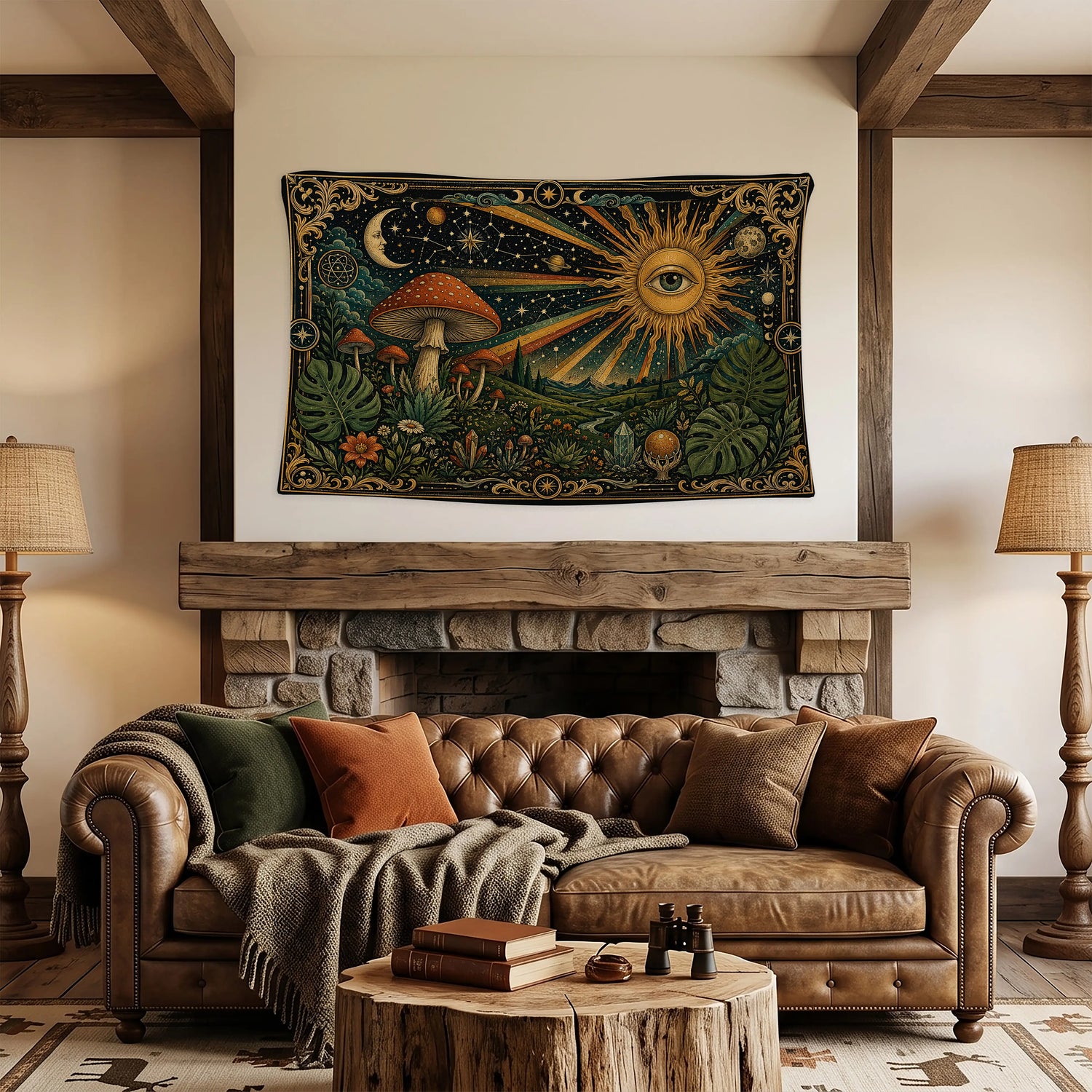 Mistik Duvar Örtüsü - Güneş Göz ve Mantar Temalı Boho Tasarım