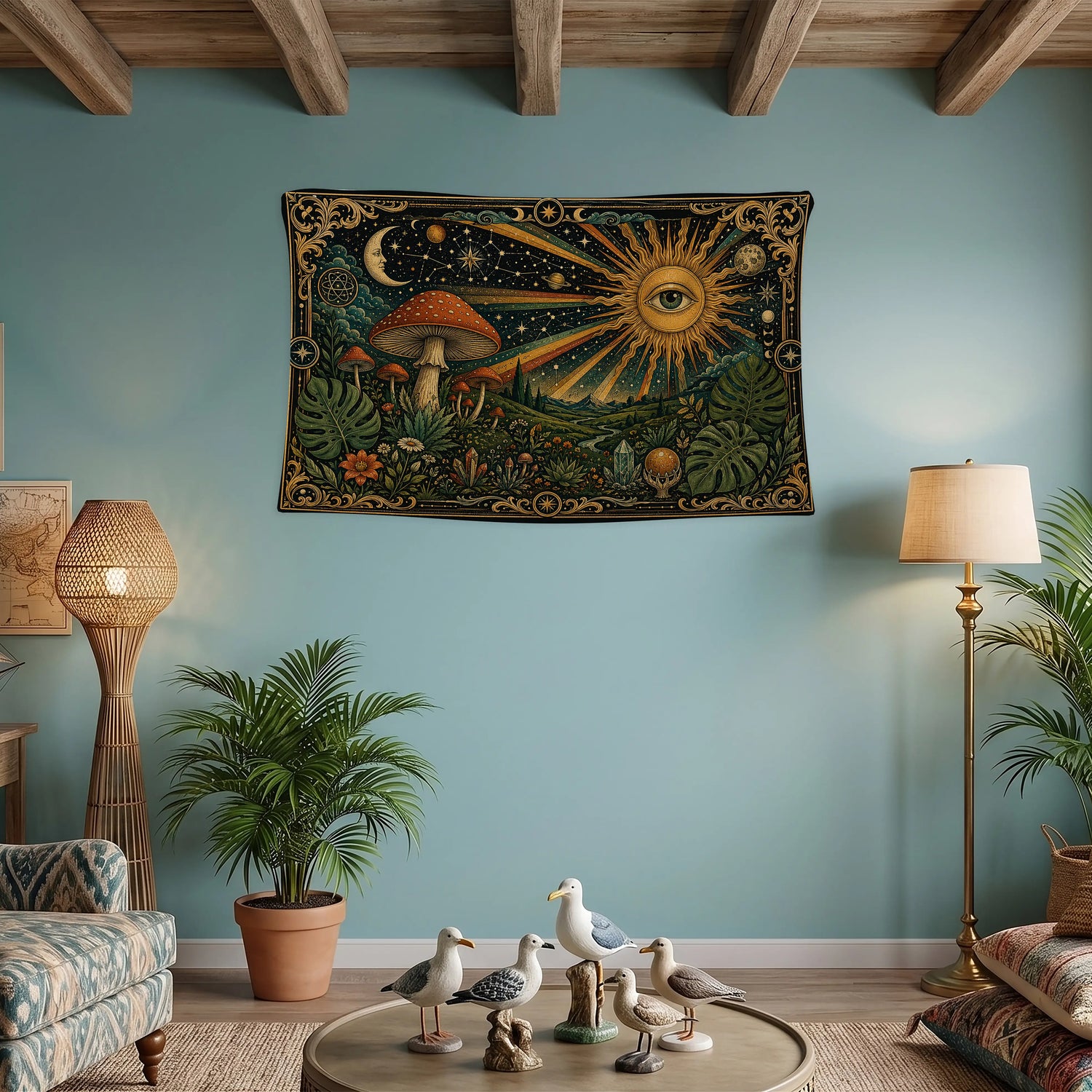 Mistik Duvar Örtüsü - Güneş Göz ve Mantar Temalı Boho Tasarım
