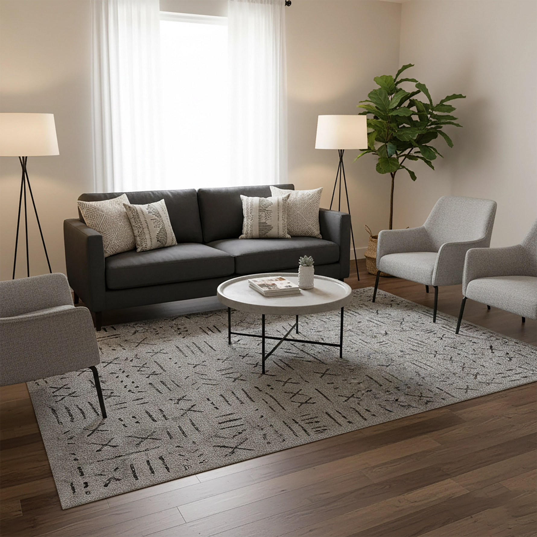 Açık gri zemin üzerinde siyah çizgisel ve çarpı motifleriyle oluşturulmuş bu geometrik desenli halı, modern minimal stil, soyut çizgi sanatı, skandinav dekorasyon ve çağdaş iç mekan tasarımları için sade ve şık bir zemin kompozisyonu sunar.
