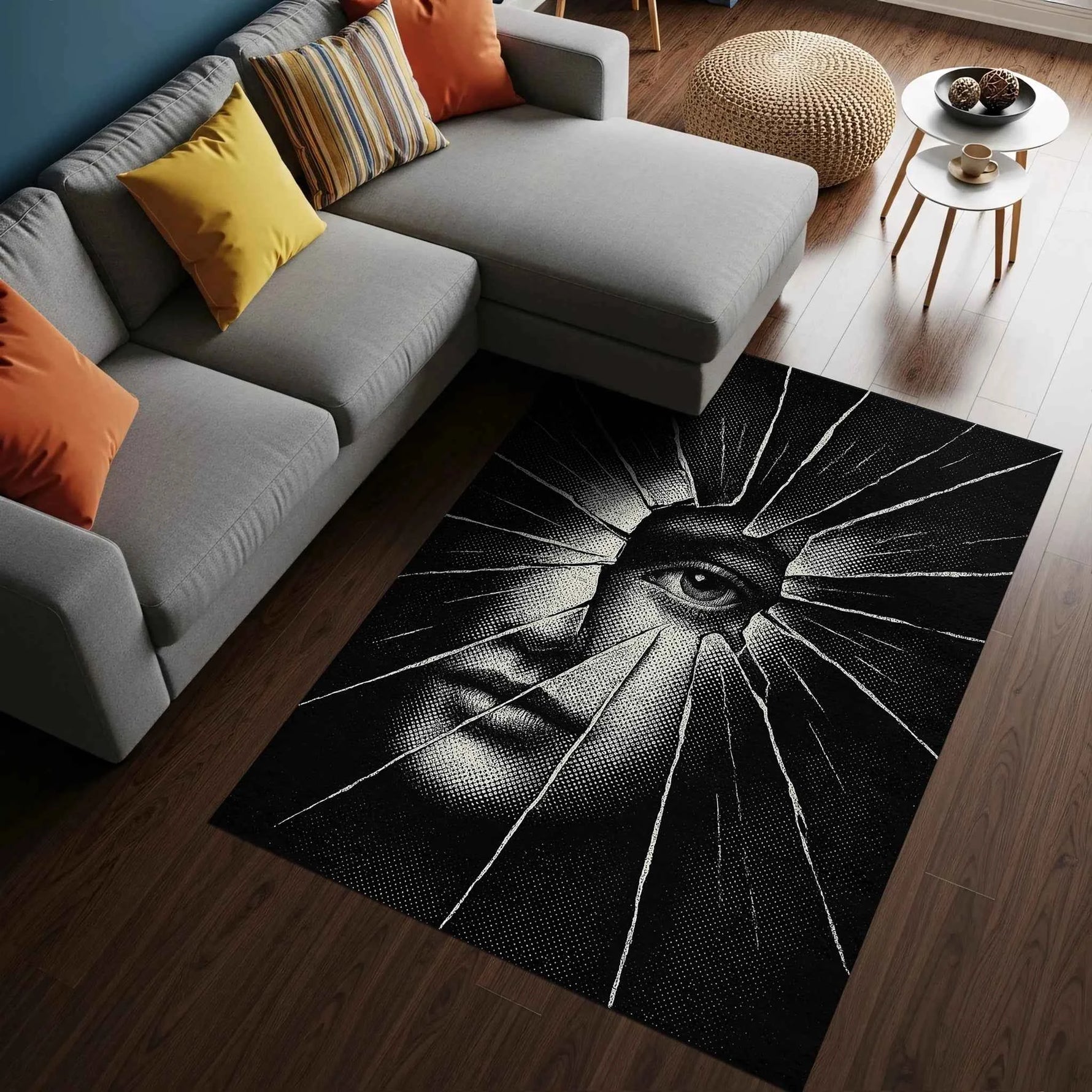 Siyah Beyaz Göz Tasarımlı Artistik Modern Salon Halısı