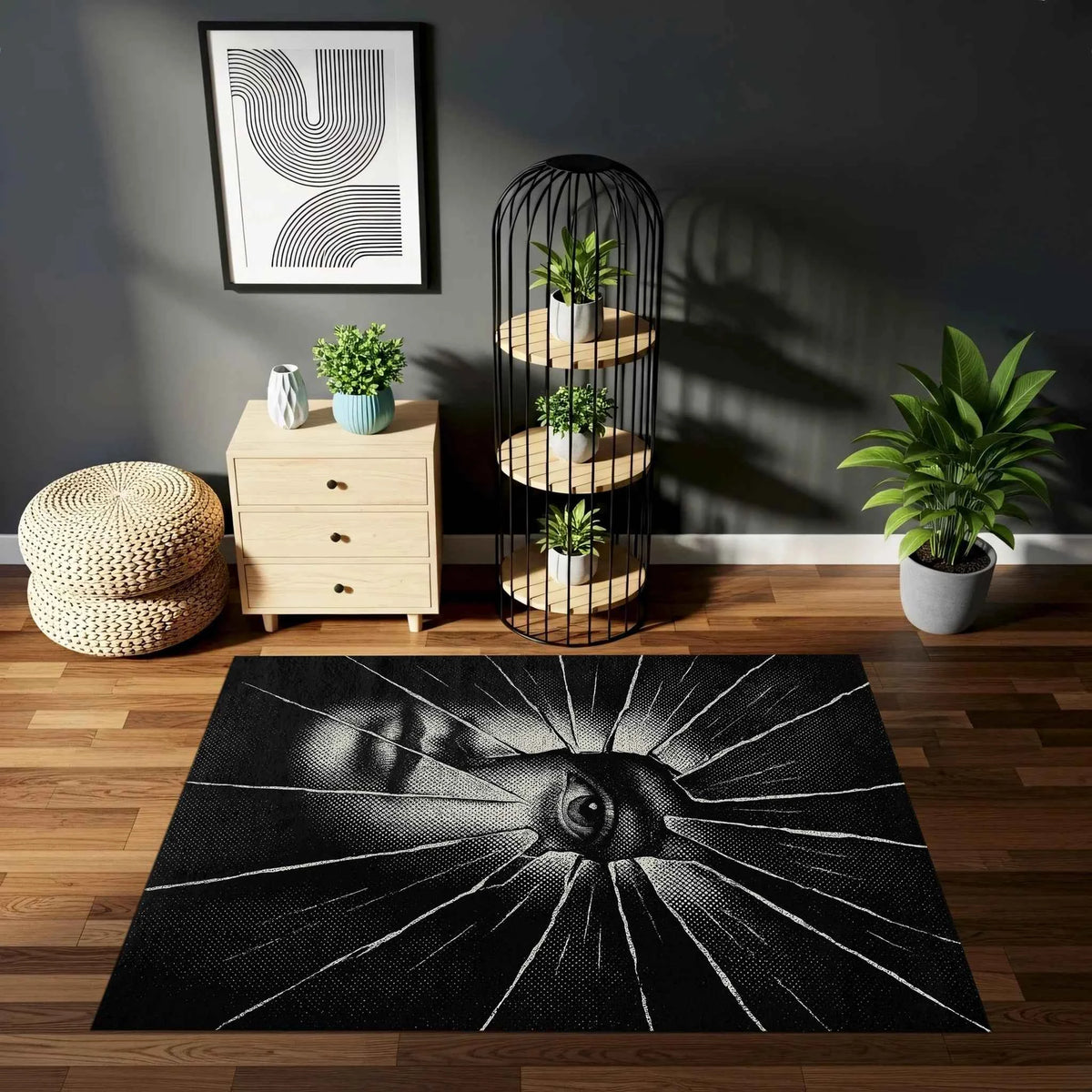 Siyah Beyaz Göz Tasarımlı Artistik Modern Salon Halısı