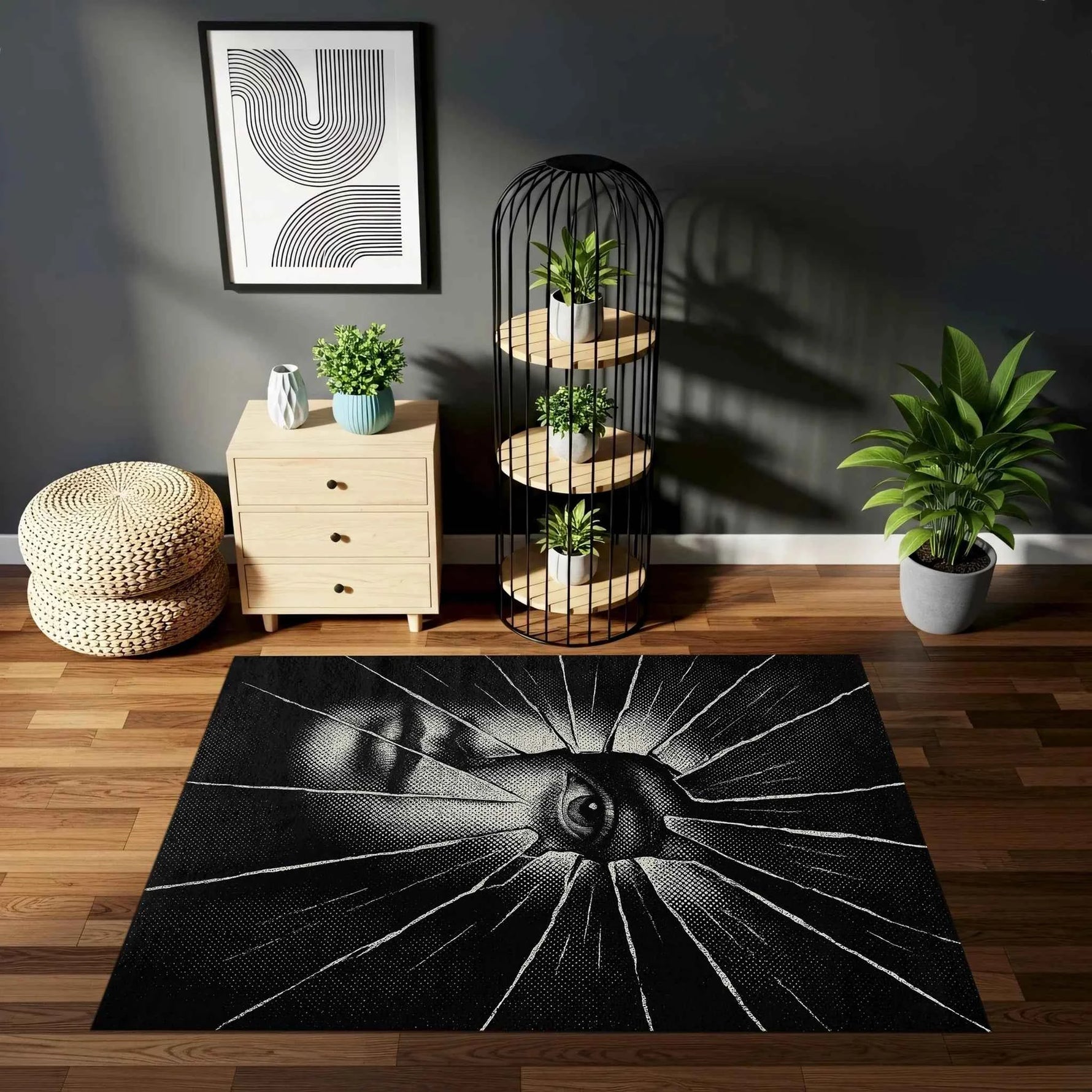 Siyah Beyaz Göz Tasarımlı Artistik Modern Salon Halısı