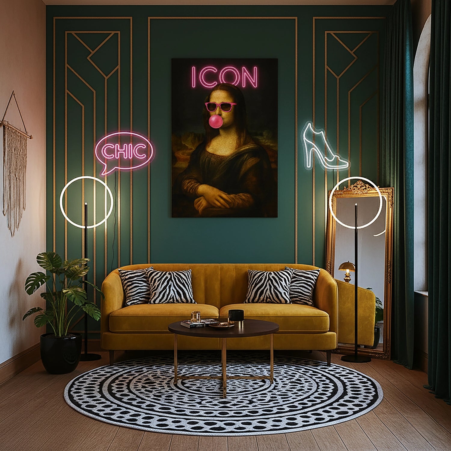 Çerçevesiz kanvas tablo, klasik Mona Lisa portresi ve neon ICON yazısıyla tasarlanmış modern pop art duvar dekoru sunar. Yüksek çözünürlüklü baskı kalitesine sahip FabricUp dijital baskı, estetik, premium ve trend dekorasyon için dikkat çekici bir sanat eseri alternatifi oluşturur.