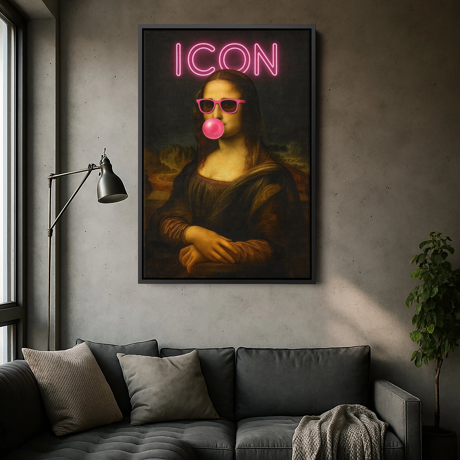 Siyah çerçeveli kanvas tablo, koyu arka plan ve pembe neon tipografiyle güçlü kontrast yaratan dekoratif duvar dekoru tasarımıdır. FabricUp dijital baskı teknolojisi sayesinde yüksek çözünürlüklü, net ve canlı renklerde modern kanvas tablo görünümü sağlar.