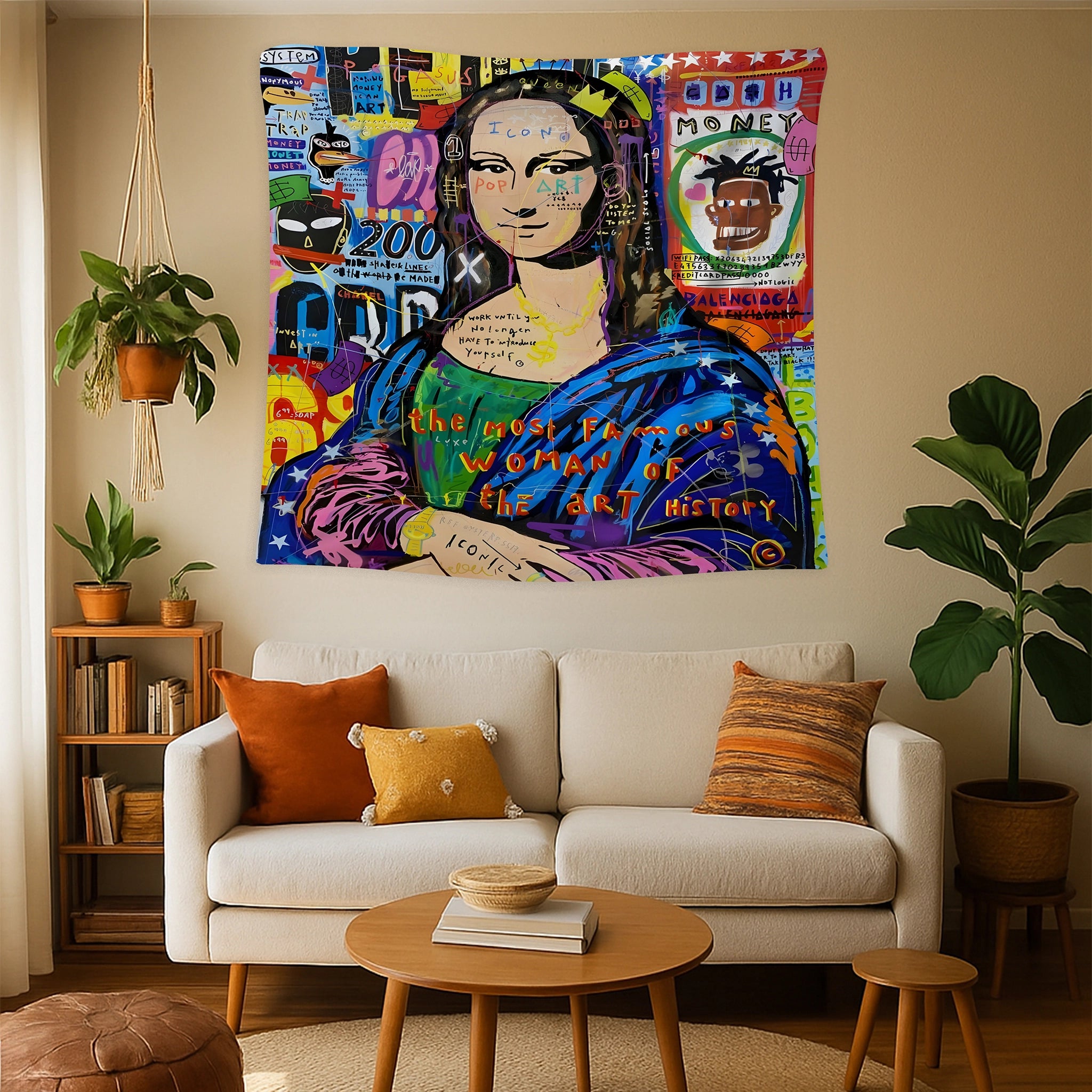 
Grafiti ve pop art tarzında tasarlanmış Mona Lisa illüstrasyonlu FabricUp duvar örtüsü, renkli yazılar ve kolaj dokularıyla enerjik bir görünüm sunar. Yüksek çözünürlüklü dijital baskı sayesinde canlı renkler ve net detaylarla modern duvar dekorasyonu sağlar.