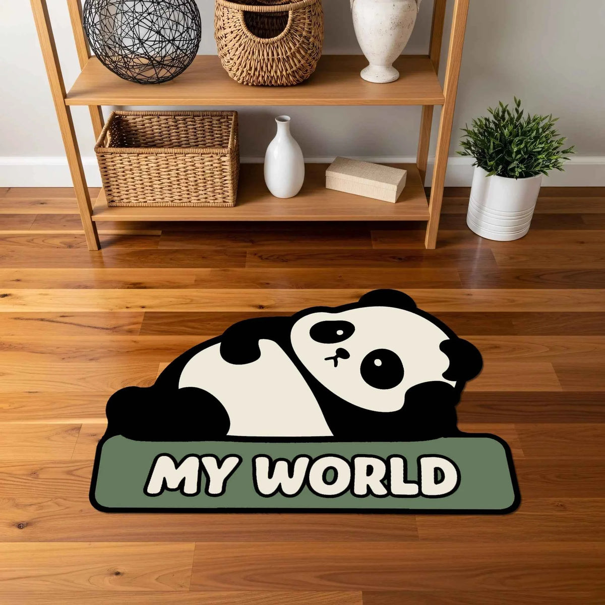 "My World" Yazılı Mint Yeşili Panda Halısı | Çocuk Odası Hayvan Figürlü Paspas