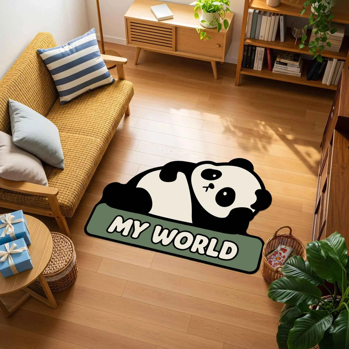 "My World" Yazılı Mint Yeşili Panda Halısı | Çocuk Odası Hayvan Figürlü Paspas