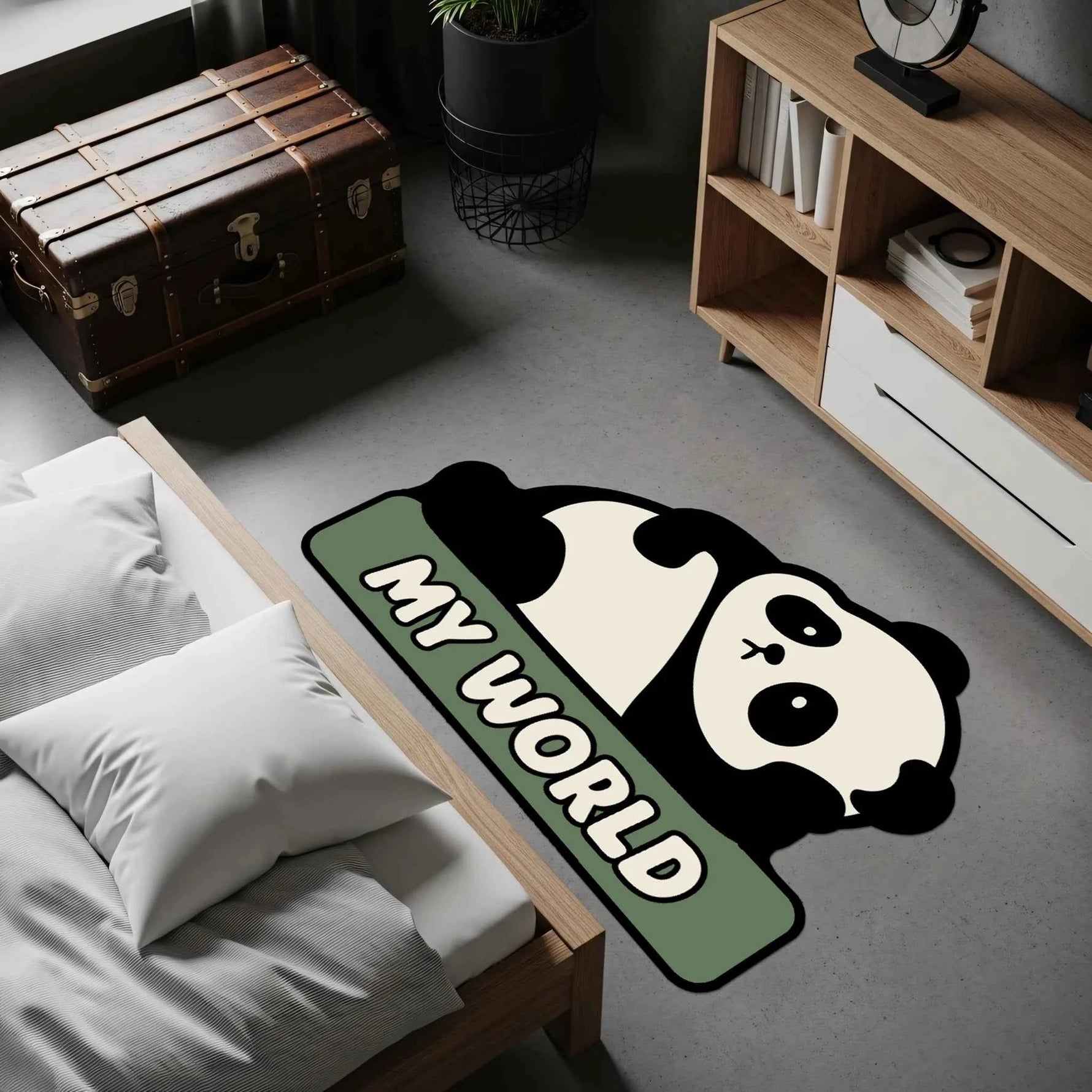 "My World" Yazılı Mint Yeşili Panda Halısı | Çocuk Odası Hayvan Figürlü Paspas