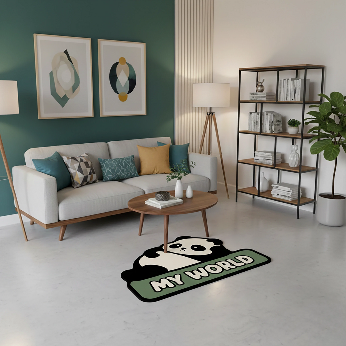 "My World" Yazılı Mint Yeşili Panda Halısı | Çocuk Odası Hayvan Figürlü Paspas