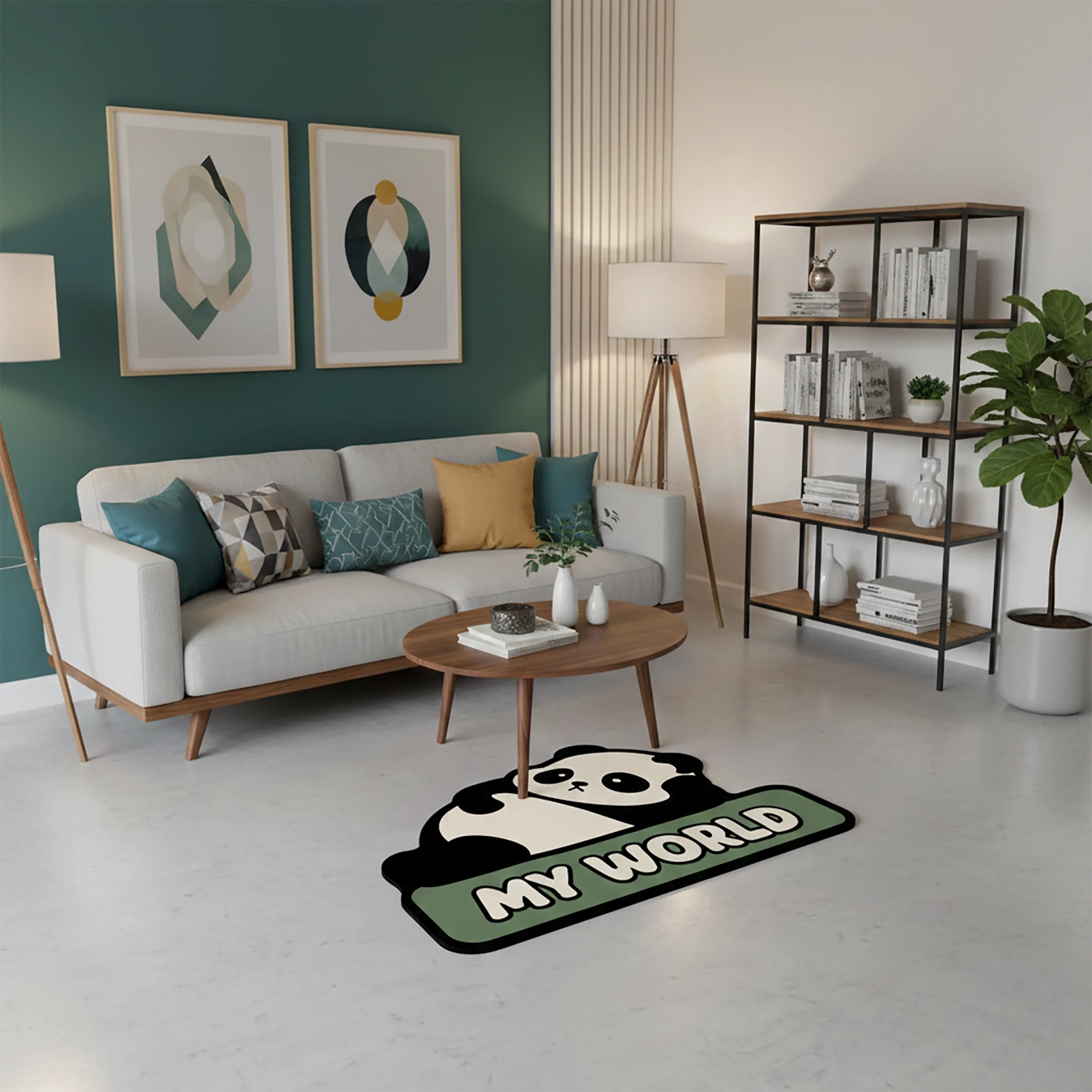 "My World" Yazılı Mint Yeşili Panda Halısı | Çocuk Odası Hayvan Figürlü Paspas