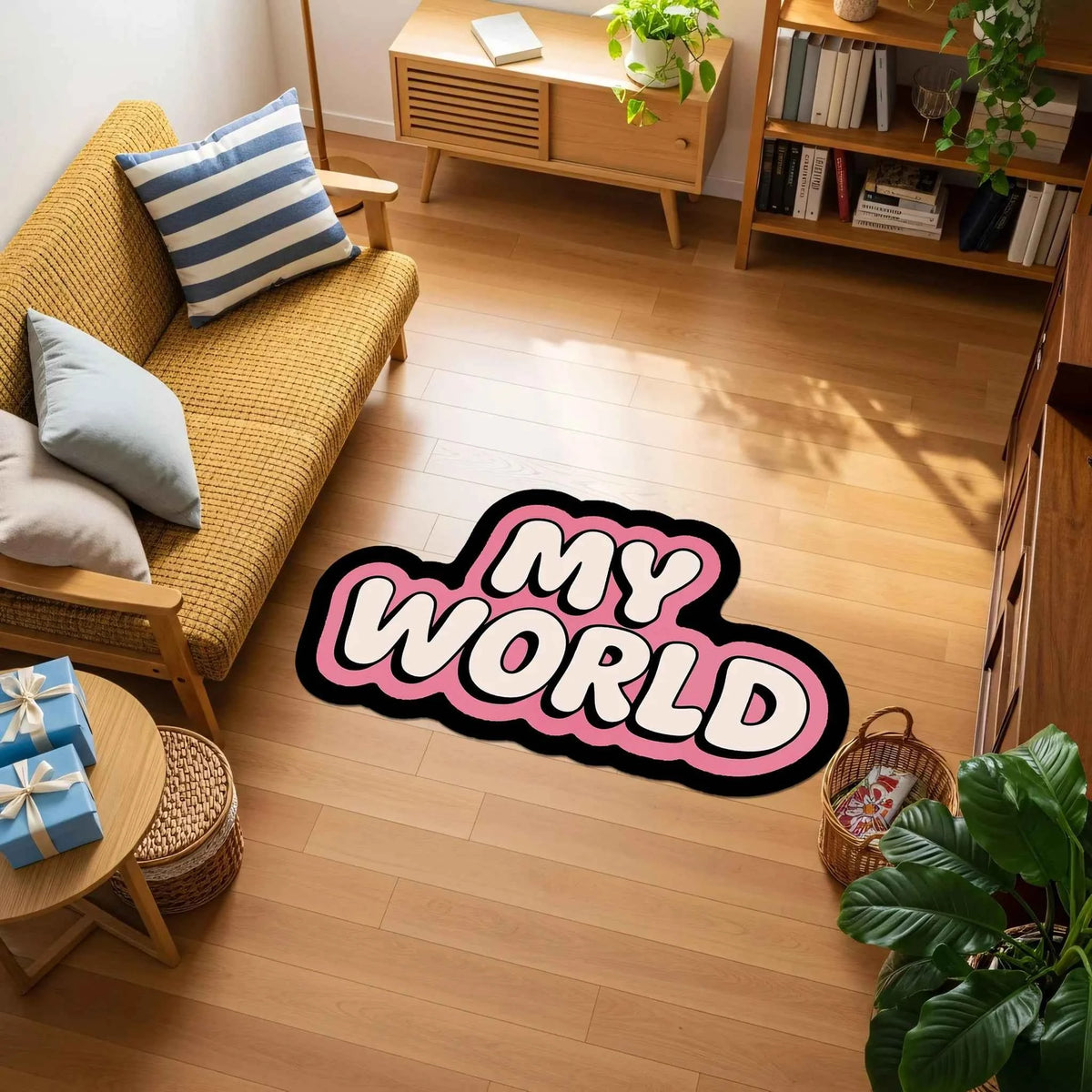 "My World" Yazılı Pembe Dekoratif Halı | Modern Bubble Font Çocuk ve Genç Odası Paspas