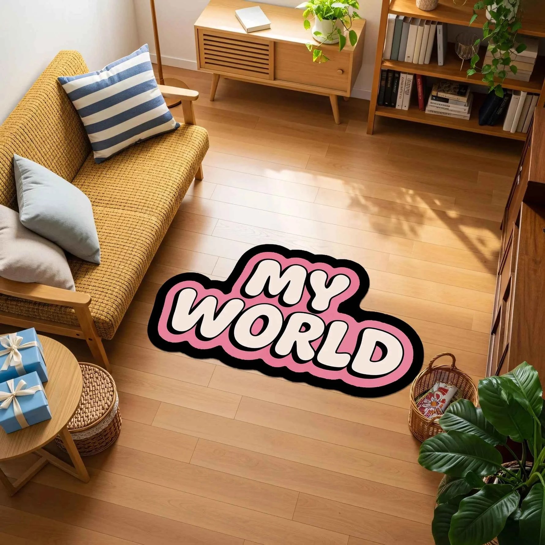 "My World" Yazılı Pembe Dekoratif Halı | Modern Bubble Font Çocuk ve Genç Odası Paspas