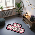 "My World" Yazılı Pembe Dekoratif Halı | Modern Bubble Font Çocuk ve Genç Odası Paspas