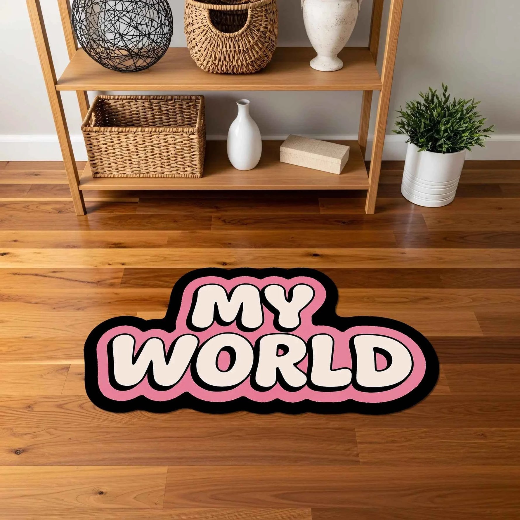 "My World" Yazılı Pembe Dekoratif Halı | Modern Bubble Font Çocuk ve Genç Odası Paspas