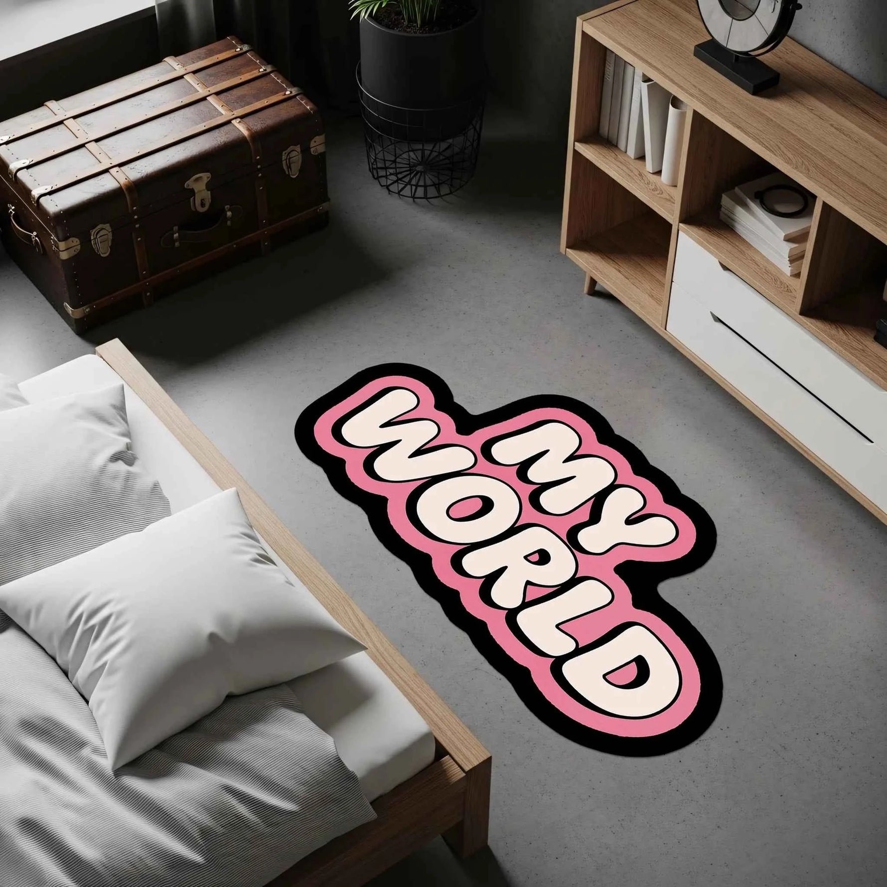 "My World" Yazılı Pembe Dekoratif Halı | Modern Bubble Font Çocuk ve Genç Odası Paspas