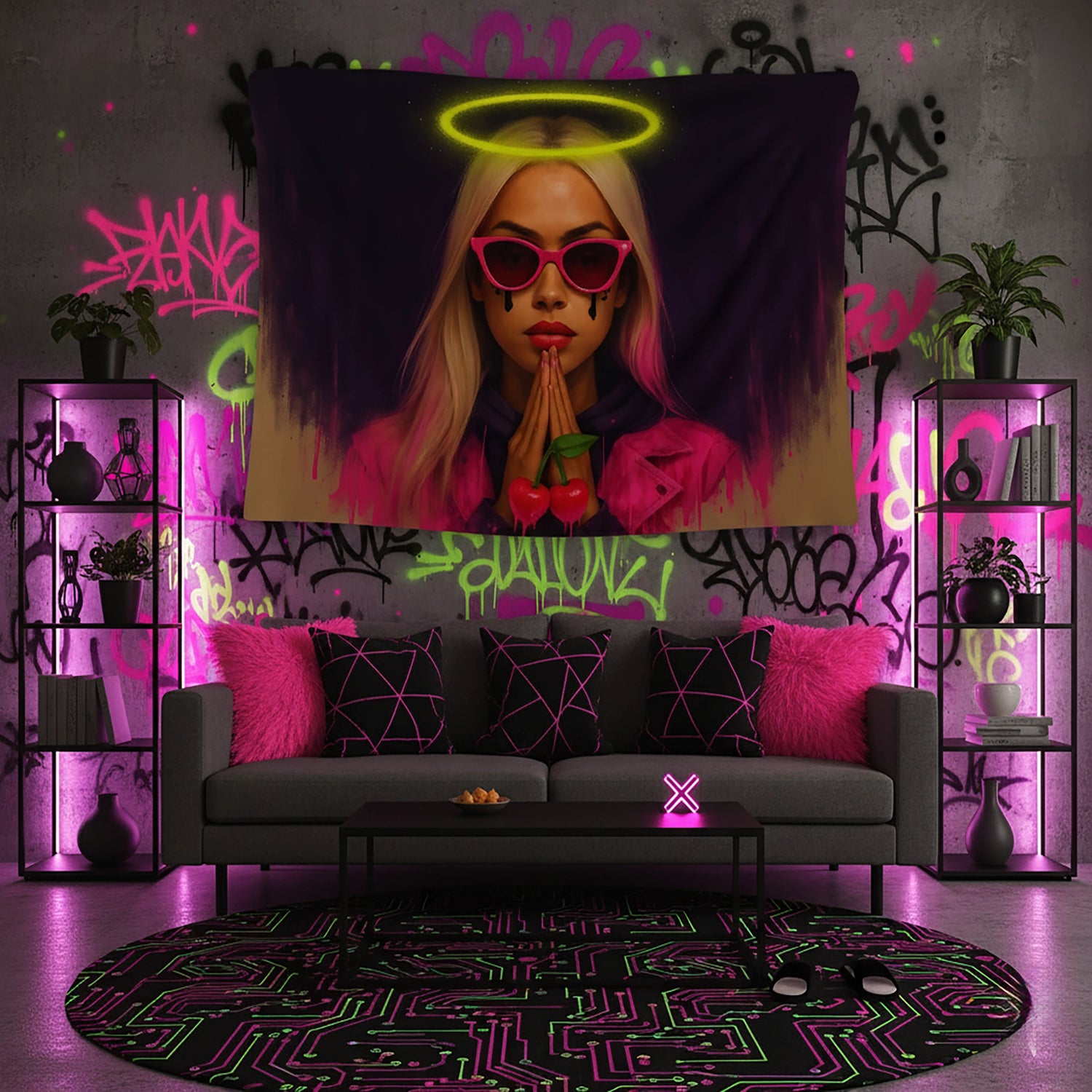 Siyah fon üzerinde merkezde konumlanan kadın portresi, baş üzerinde neon sarı hale detayı ve pembe güneş gözlüğüyle tasarlanan duvar örtüsü, eller arasında yer alan kırmızı kiraz figürleri ve dramatik makyajıyla pop art, modern ve grafik stil sunan dekoratif tekstil tasarımıdır.