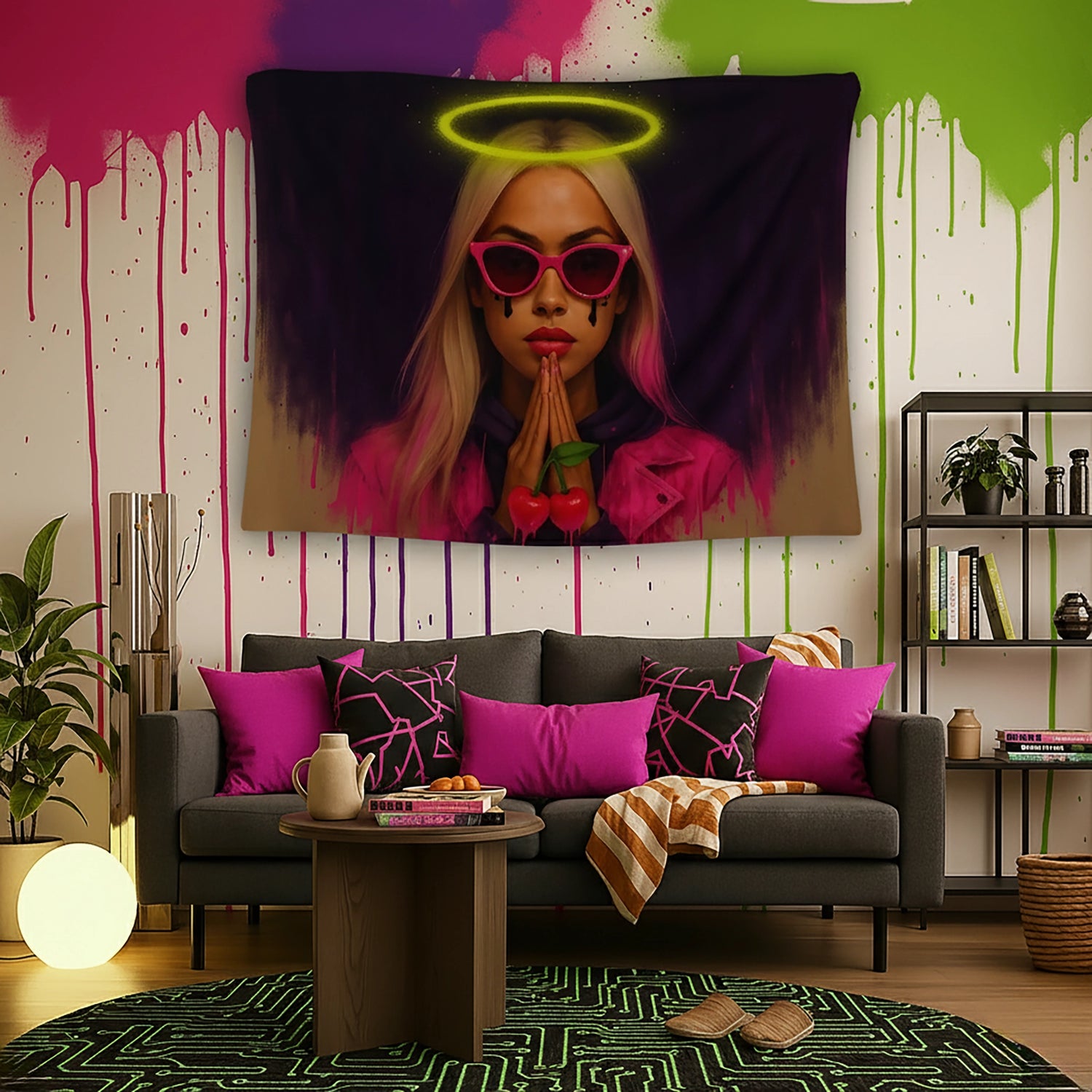 Modern pop art stilinde tasarlanmış kadın portresi ve neon sarı hale detayıyla öne çıkan duvar örtüsü, pembe güneş gözlüğü, kırmızı dudaklar ve dua pozundaki ellerle güçlü bir grafik kompozisyon sunar; sokak sanatı, alternatif ve genç odası dekorasyonu için dikkat çekici tekstil tasarımıdır.
