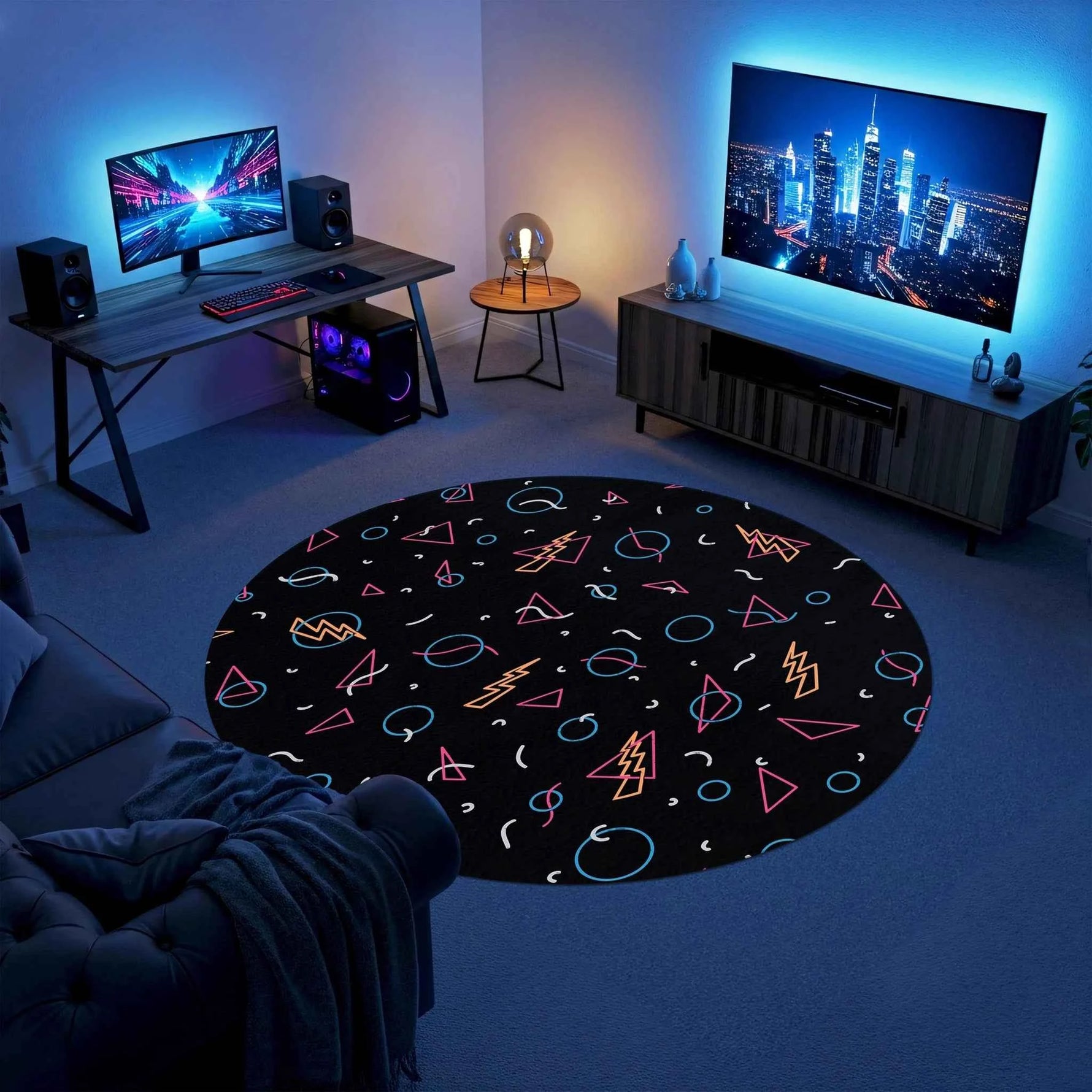 Neon Geometrik Desenli Retro Gamer Yuvarlak Halı
