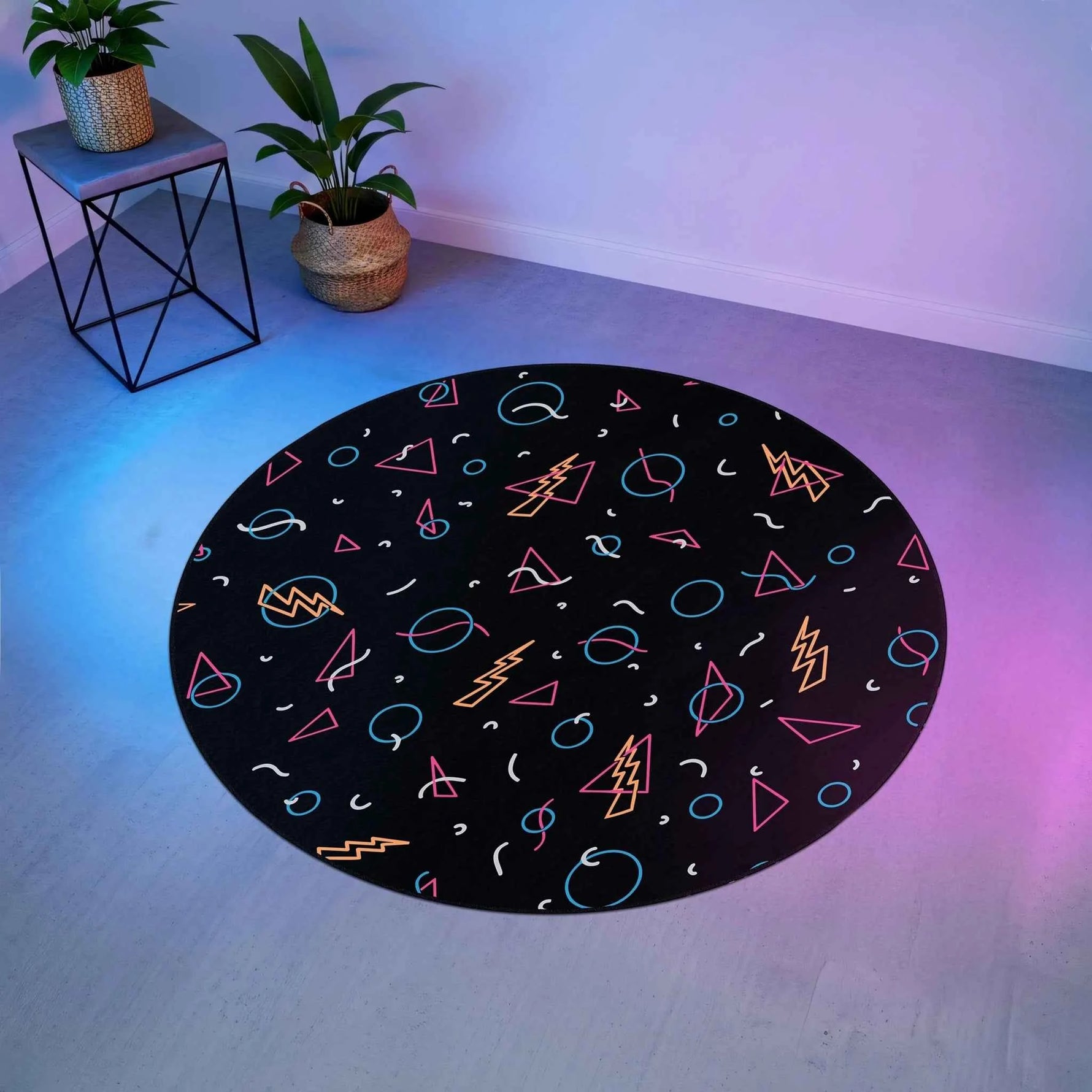 Neon Geometrik Desenli Retro Gamer Yuvarlak Halı
