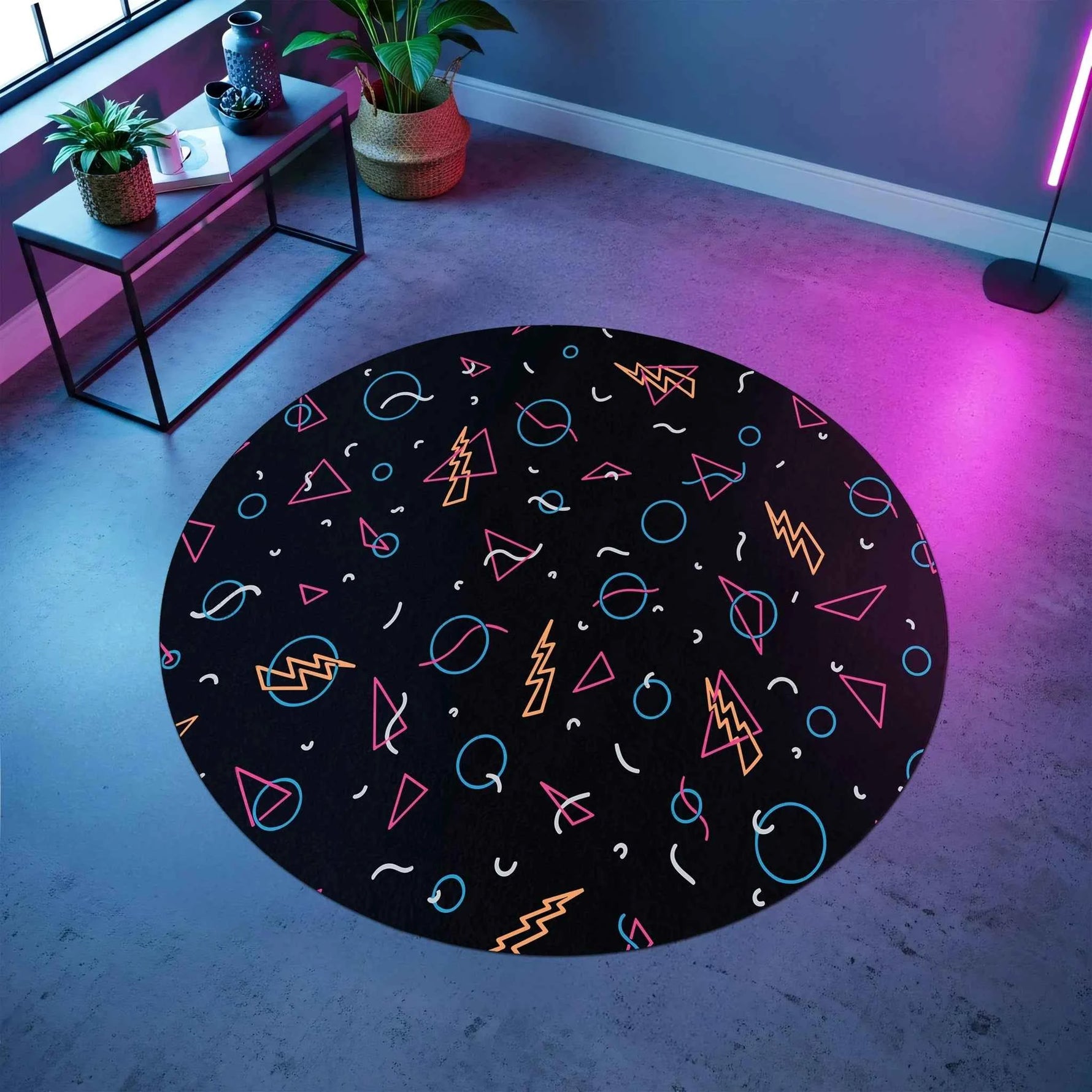 Neon Geometrik Desenli Retro Gamer Yuvarlak Halı