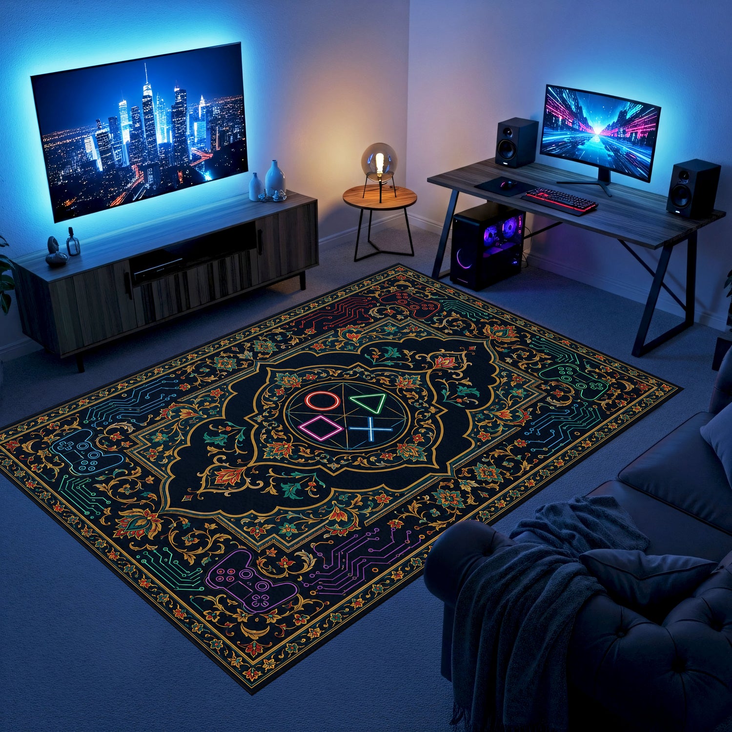 Neon Devre Floral Gaming Halısı | Konsol Kumanda Desenli Siyah