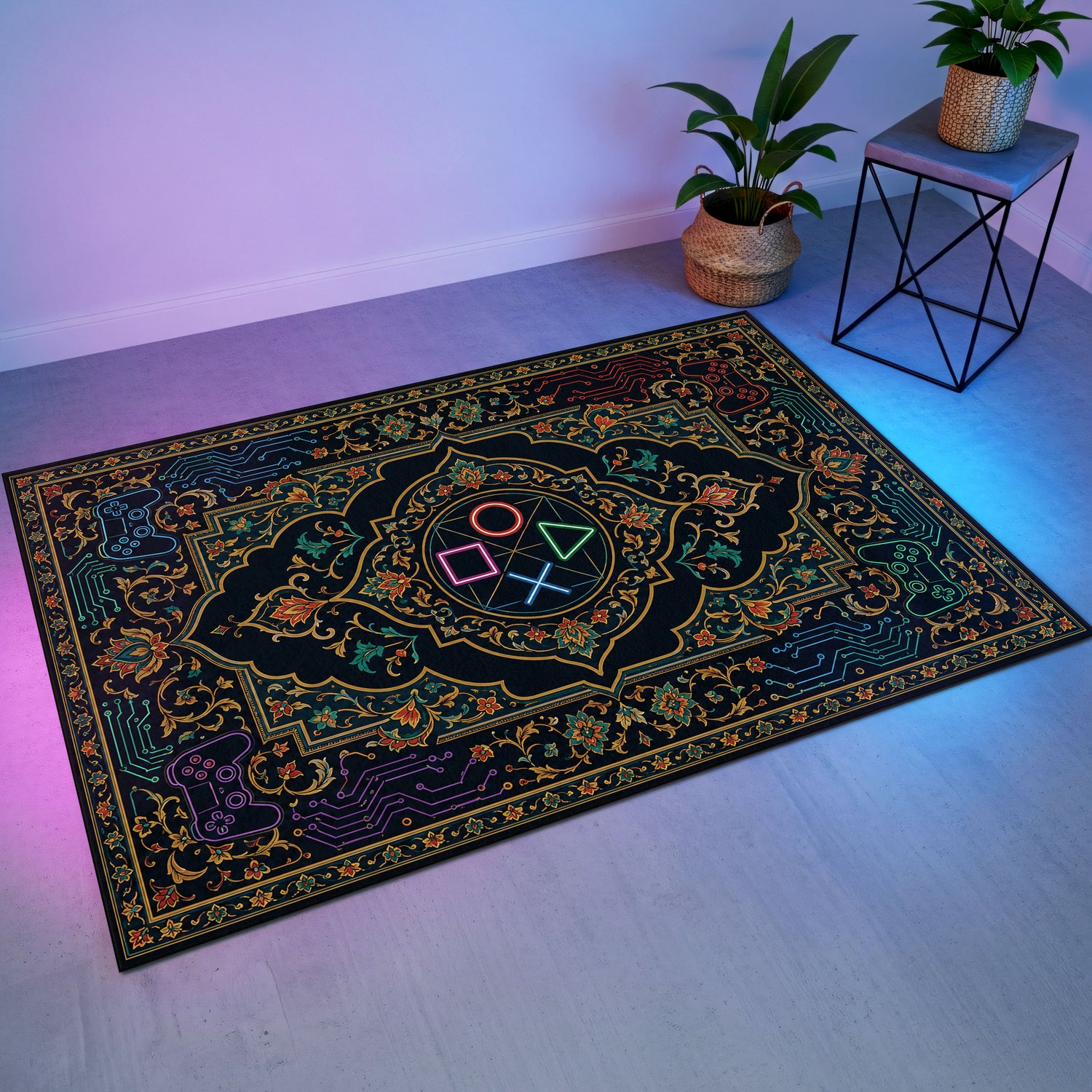 Neon Devre Floral Gaming Halısı | Konsol Kumanda Desenli Siyah
