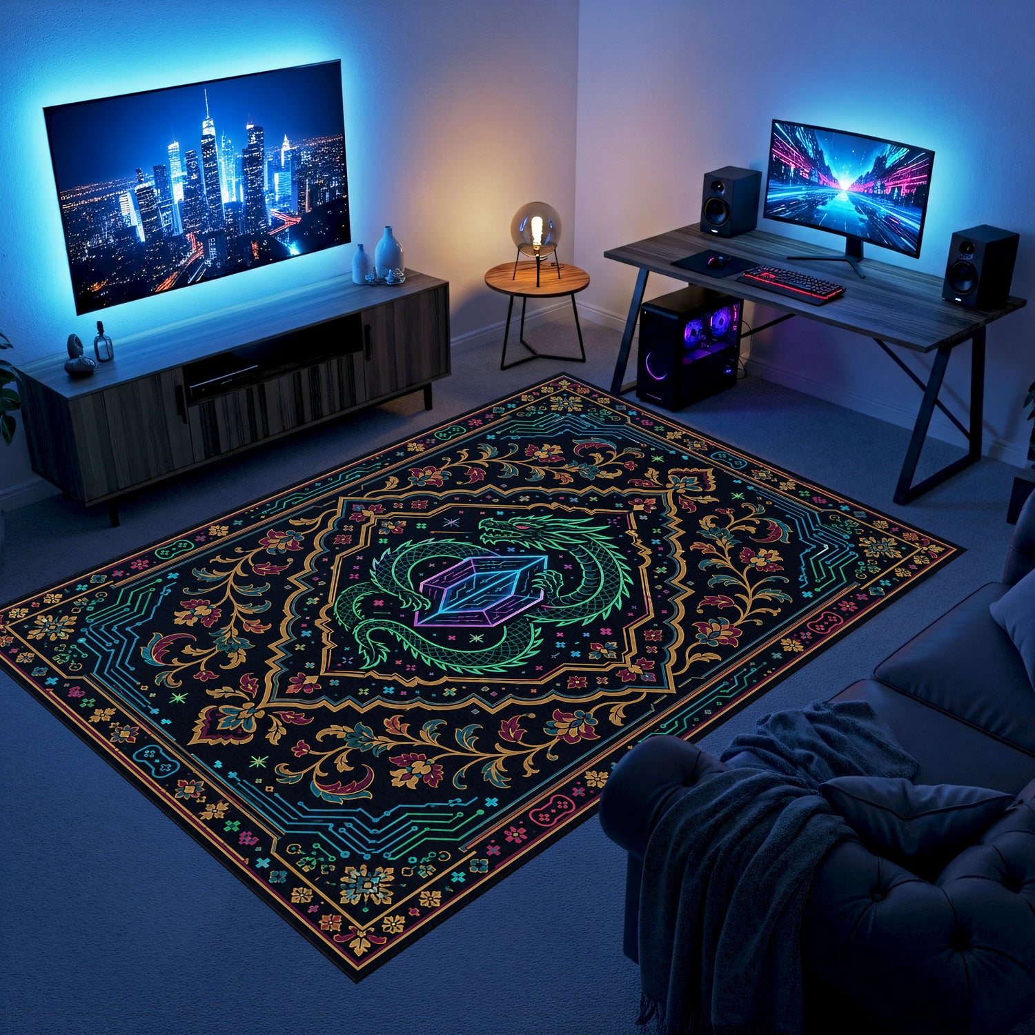 Neon Ejderha Gaming Halısı | Siyah Zemin Kristal Motifli