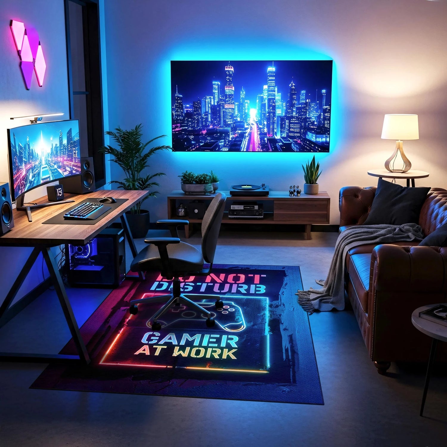 Neon çerçeve içinde oyun kolu illüstrasyonu ve büyük ölçekli “Do Not Disturb” yazısıyla tasarlanan dijital baskı halı, futuristik renk paleti ve parlak ışık vurgularıyla enerjik bir kompozisyon oluşturur. Baskı kalitesinin yüksekliği sayesinde tipografi kenarları, renk doygunluğu ve ışık efektleri yüzeyde keskin biçimde algılanır. Oyun odası, genç yaşam alanları, ofis ve hobi köşelerinde kullanılabilecek bu modern tasarım, pop kültür ve gamer temasını yansıtan FabricUp imzalı özel bir halıdır.
