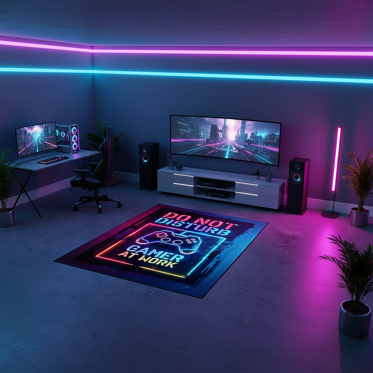 Siyah zemin üzerinde neon mavi, pembe ve turuncu ışık efektleriyle oluşturulmuş oyun kumandası grafiği ve “Do Not Disturb – Gamer at Work” tipografisi bulunan dijital baskı halı, yüksek kontrastlı renkleri ve keskin çizgileriyle modern bir görünüm sunar. Yüksek çözünürlüklü baskı sayesinde yazı konturları, ışık geçişleri ve yüzey dokusu net ve canlı görünür. Oyun odası, genç odası, çalışma alanı ve stüdyo kullanımı için ideal olan bu tasarım, teknoloji temalı dekorasyon sevenler için FabricUp koleksiyonuna 