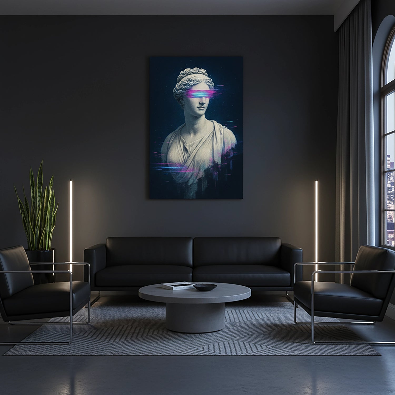 Klasik mermer heykel büstü ve neon glitch efektli göz bandıyla tasarlanan çerçevesiz kanvas tablo, antik sanat ile cyberpunk estetiğini birleştirir. Koyu zemin ve parlak renk geçişleri yüksek çözünürlüklü baskıyla öne çıkar, modern salon ve genç odaları için FabricUp tasarımıdır.