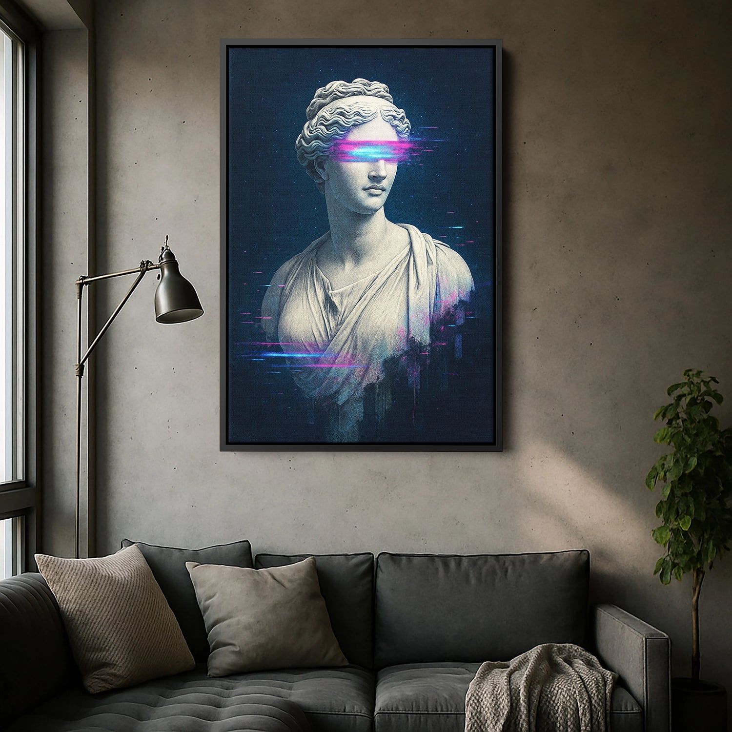 Siyah çerçeveli neon glitch detaylı heykel portresi kanvas tablo, koyu çerçeve kontrastıyla mor ve mavi ışık efektlerini daha dramatik gösterir. Dijital bozulma stili net baskıyla belirginleşir, gaming odası ve ofis dekorasyonu için dikkat çekici bir FabricUp ürünü sunar.