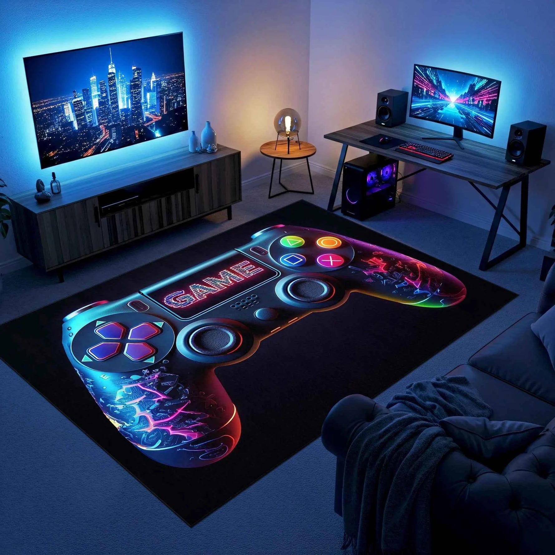 Siyah Zemin Üzeri Neon Gamepad Tasarımlı Oyuncu Halısı