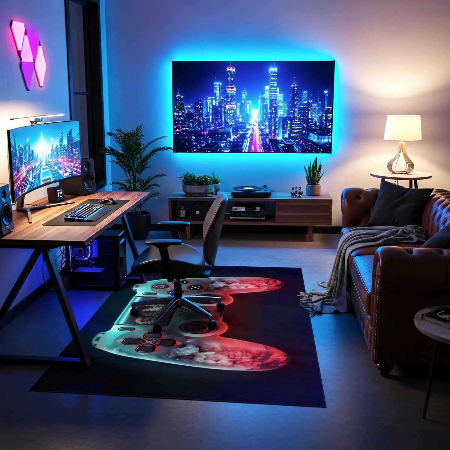 Ortada detaylı tuş ve analog yapısıyla betimlenmiş, etrafı renkli sis ve enerji efektleriyle vurgulanmış futuristik oyun kolu tasarımı; neon tonlar, keskin konturlar ve dinamik e-spor estetiği taşıyan modern halı deseni.
