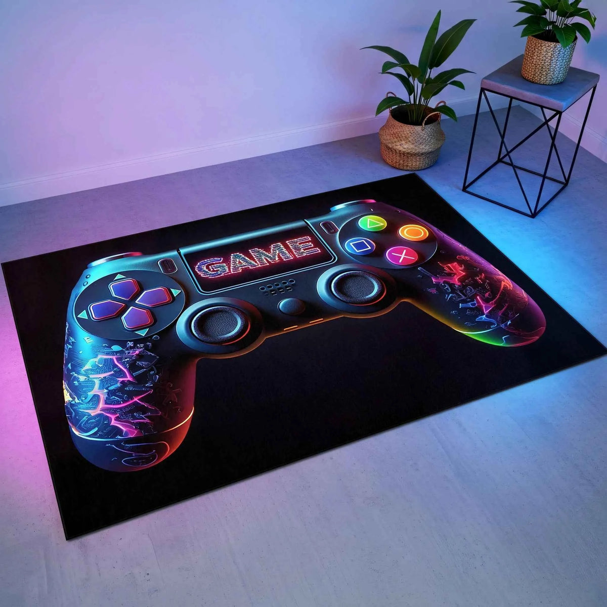 Siyah Zemin Üzeri Neon Gamepad Tasarımlı Oyuncu Halısı