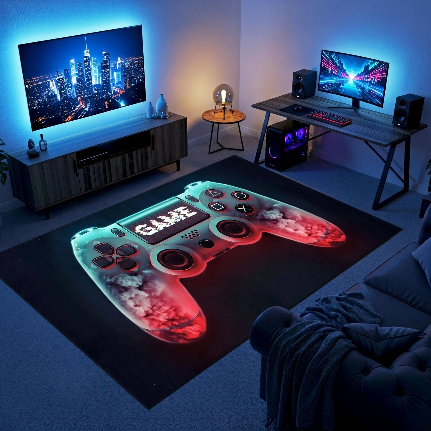 Siyah zemin üzerinde merkezde yer alan, neon mavi ve kırmızı duman efektleriyle çevrelenmiş oyun kumandası illüstrasyonu; yüksek kontrastlı cyberpunk renk paleti, dijital sanat stili, parlak ışık geçişleri ve modern gamer temalı grafik kompozisyon.
