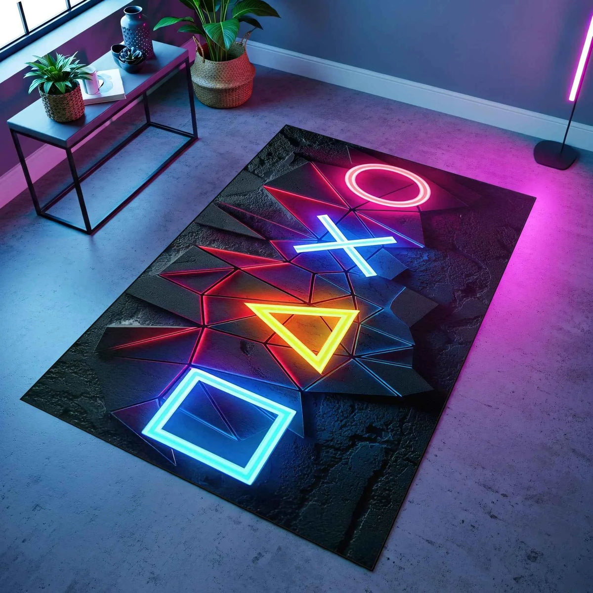 Gamer Odası Geometrik Neon Oyun Sembollü Gamer Halısı