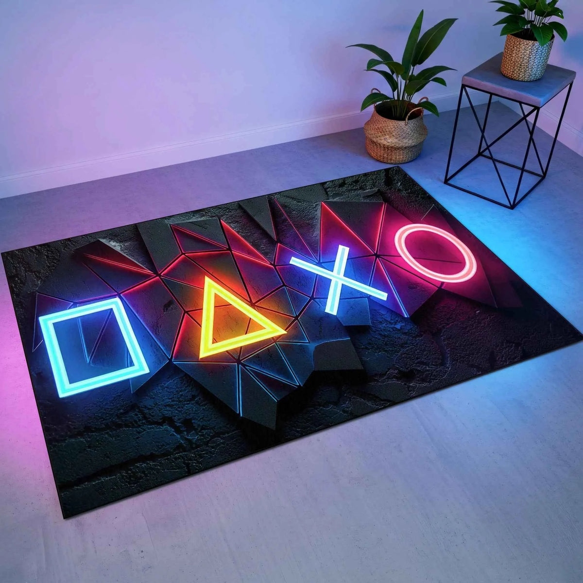 Gamer Odası Geometrik Neon Oyun Sembollü Gamer Halısı