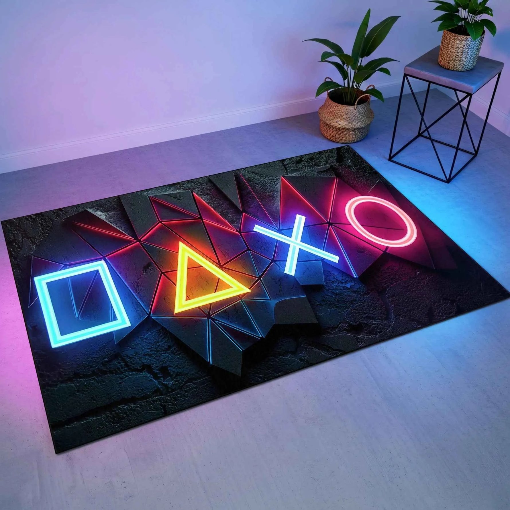 Gamer Odası Geometrik Neon Oyun Sembollü Gamer Halısı