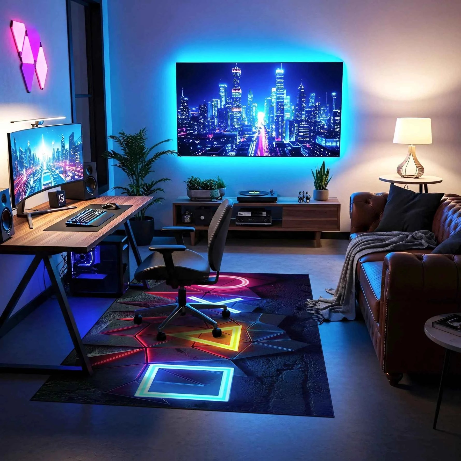 Gamer Odası Geometrik Neon Oyun Sembollü Gamer Halısı