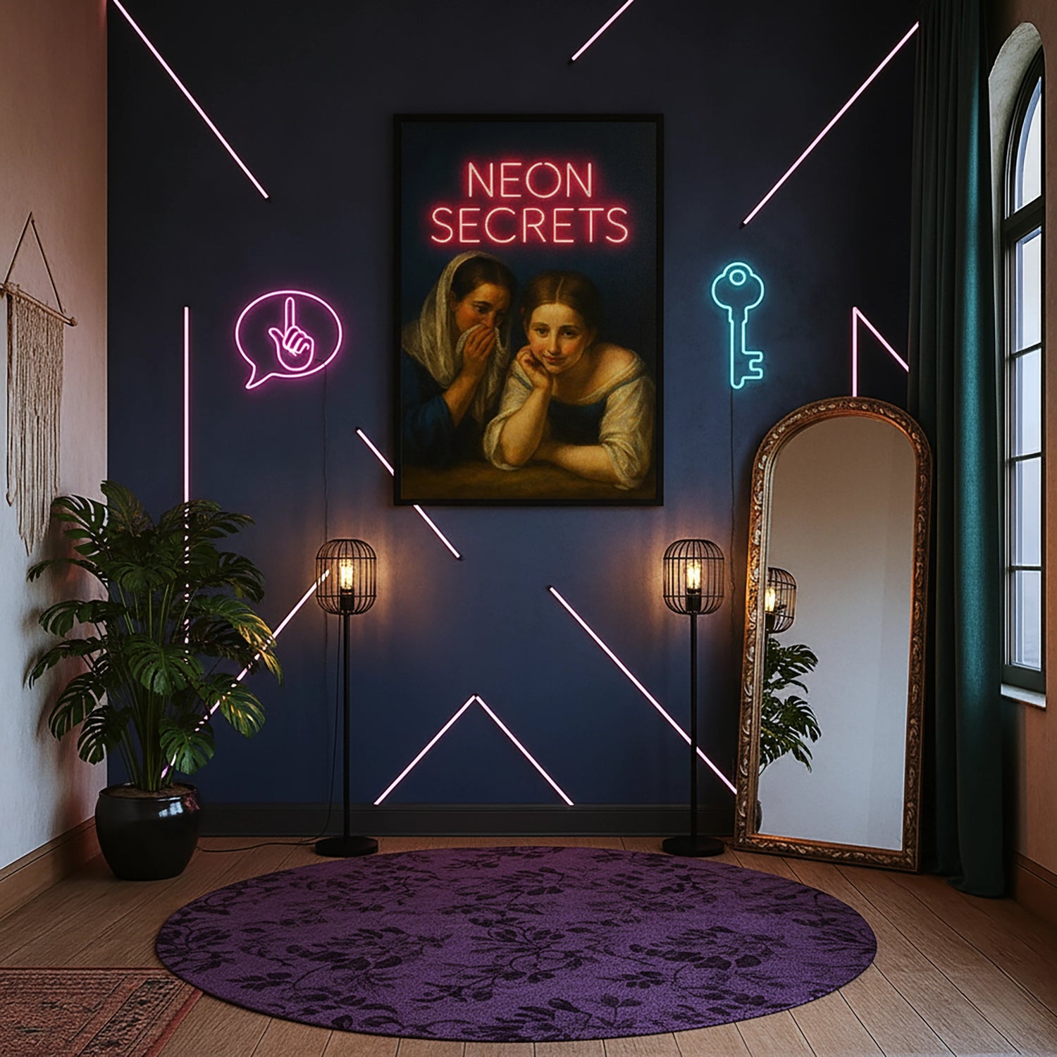 Çerçevesiz kanvas tablo, klasik sanat tarzında fısıldaşan iki kadın figürü ve NEON SECRETS tipografisiyle tasarlanmış modern ve gizemli bir duvar dekoru sunar. Yüksek çözünürlüklü FabricUp dijital baskı kalitesi sayesinde estetik, premium ve dikkat çekici bir sanat eseri oluşturur.