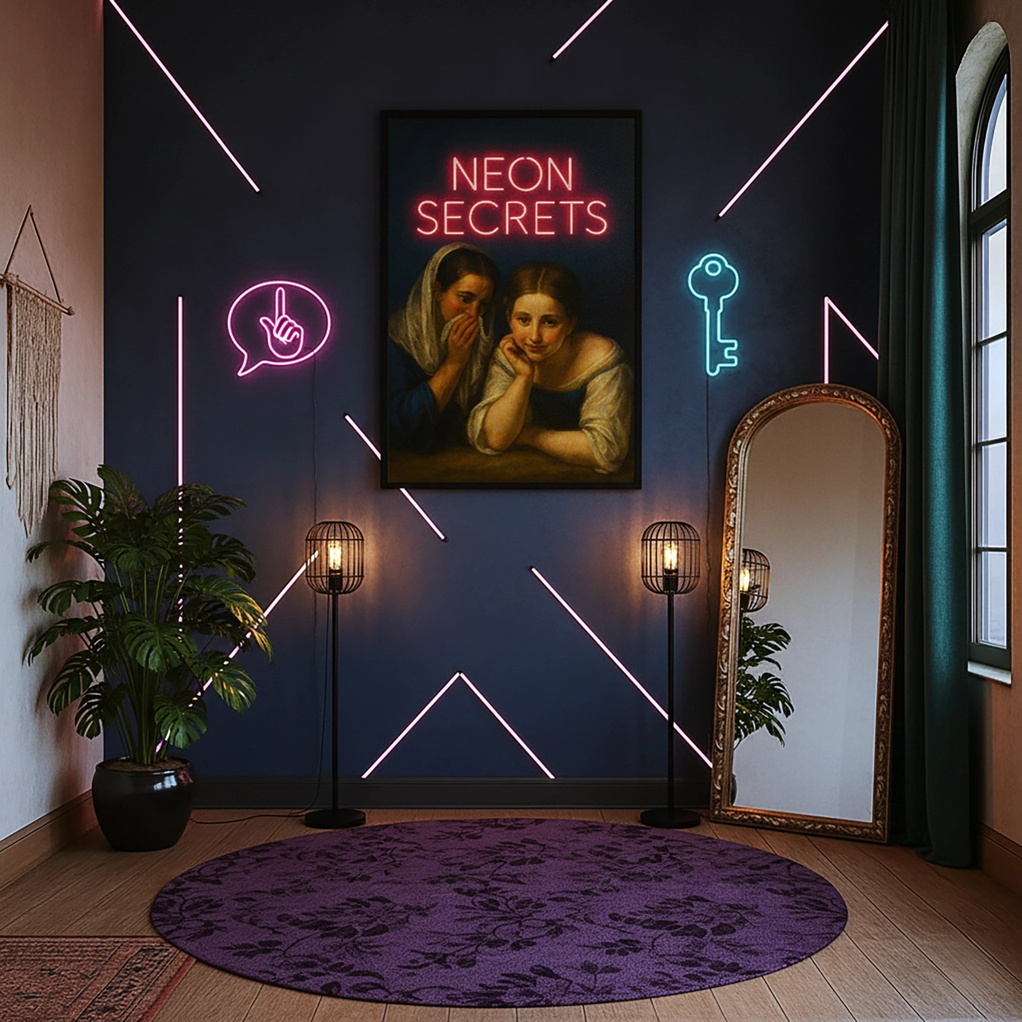 Çerçevesiz kanvas tablo, klasik sanat tarzında fısıldaşan iki kadın figürü ve NEON SECRETS tipografisiyle tasarlanmış modern ve gizemli bir duvar dekoru sunar. Yüksek çözünürlüklü FabricUp dijital baskı kalitesi sayesinde estetik, premium ve dikkat çekici bir sanat eseri oluşturur.