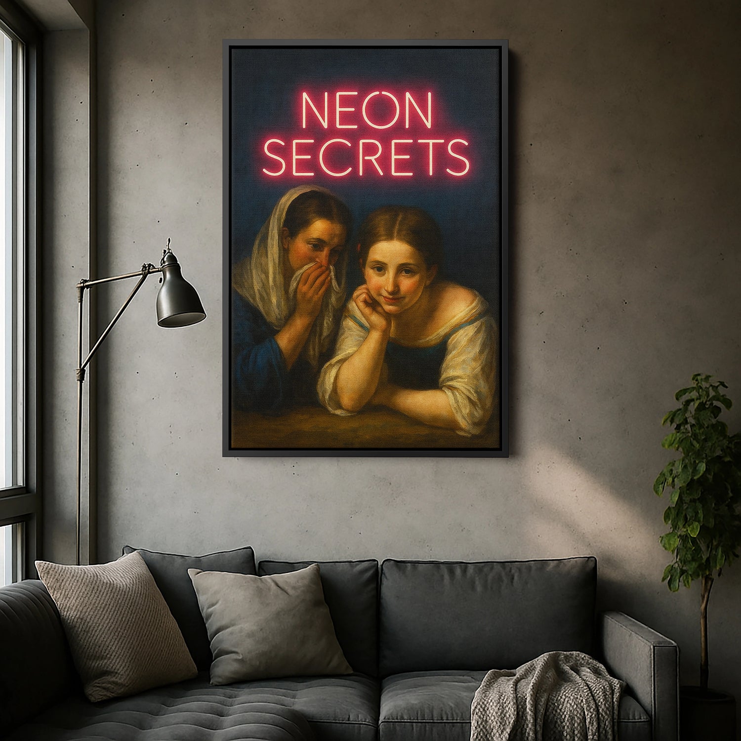 Siyah çerçeveli kanvas tablo, koyu arka plan ve parlak neon yazı detaylarıyla güçlü kontrast yaratan dekoratif duvar dekoru tasarımıdır. FabricUp dijital baskı teknolojisi ile üretilen yüksek çözünürlüklü baskı, net ve canlı renklerle modern kanvas tablo görünümü sağlar.