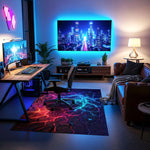 Neon mavi ve kırmızı tonlarla oluşturulmuş elektrik çatlağı desenine sahip siyah zeminli dijital baskı halı, futuristik atmosferi ve güçlü kontrast yapısıyla dikkat çeker. Dijital baskı teknolojisi sayesinde renk geçişleri pürüzsüz, çizgi detayları keskin ve yüzey dokusu net görünür. Genç odası, oyun alanı, ofis ve tematik mekanlarda kullanılabilecek bu tasarım, enerjik ve modern tarzı yansıtan FabricUp koleksiyonunun seçkin parçalarındandır.
