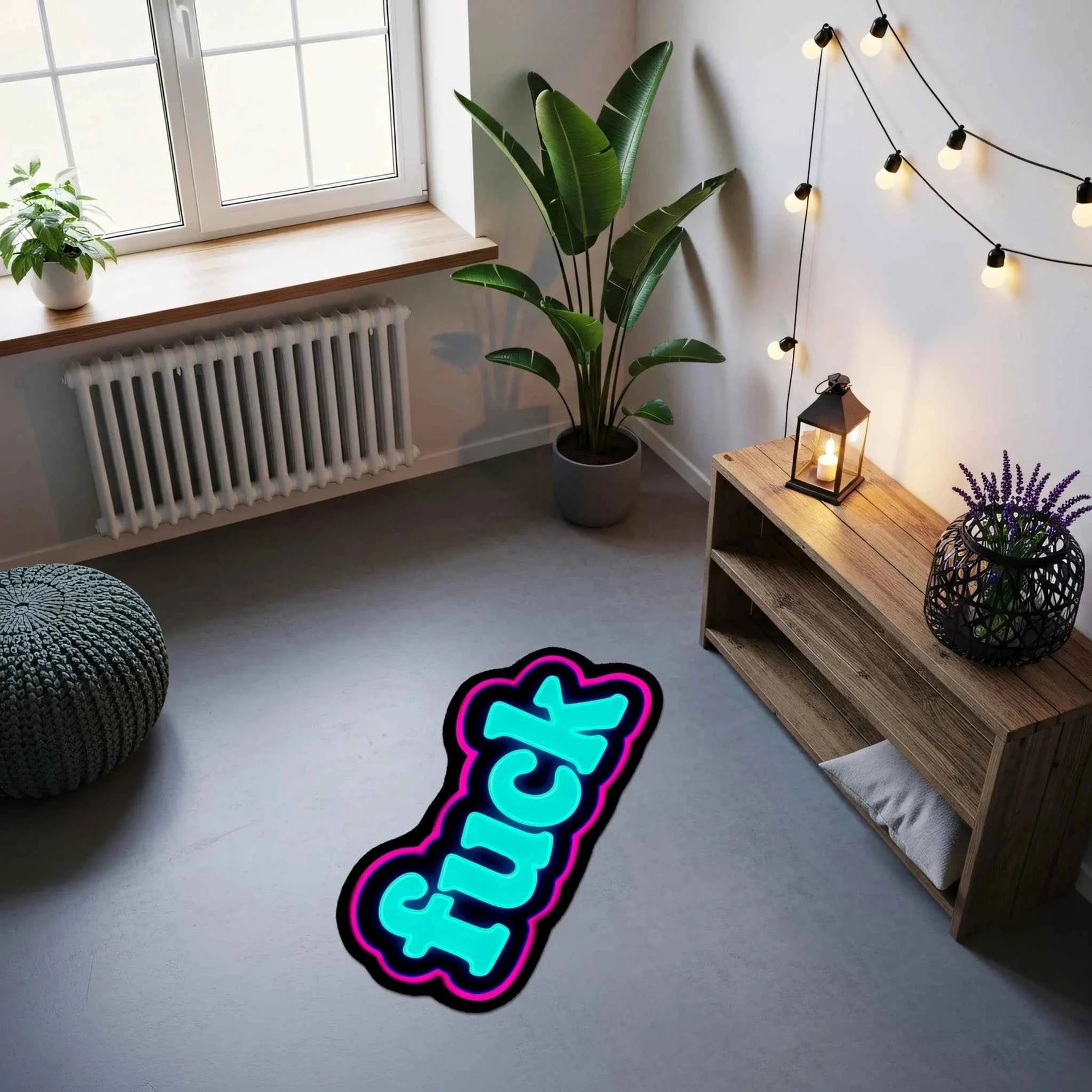 Neon Yazı Tasarımlı Dekoratif Halı | Turkuaz ve Pembe Renkli Cesur Amorf Modern Halı