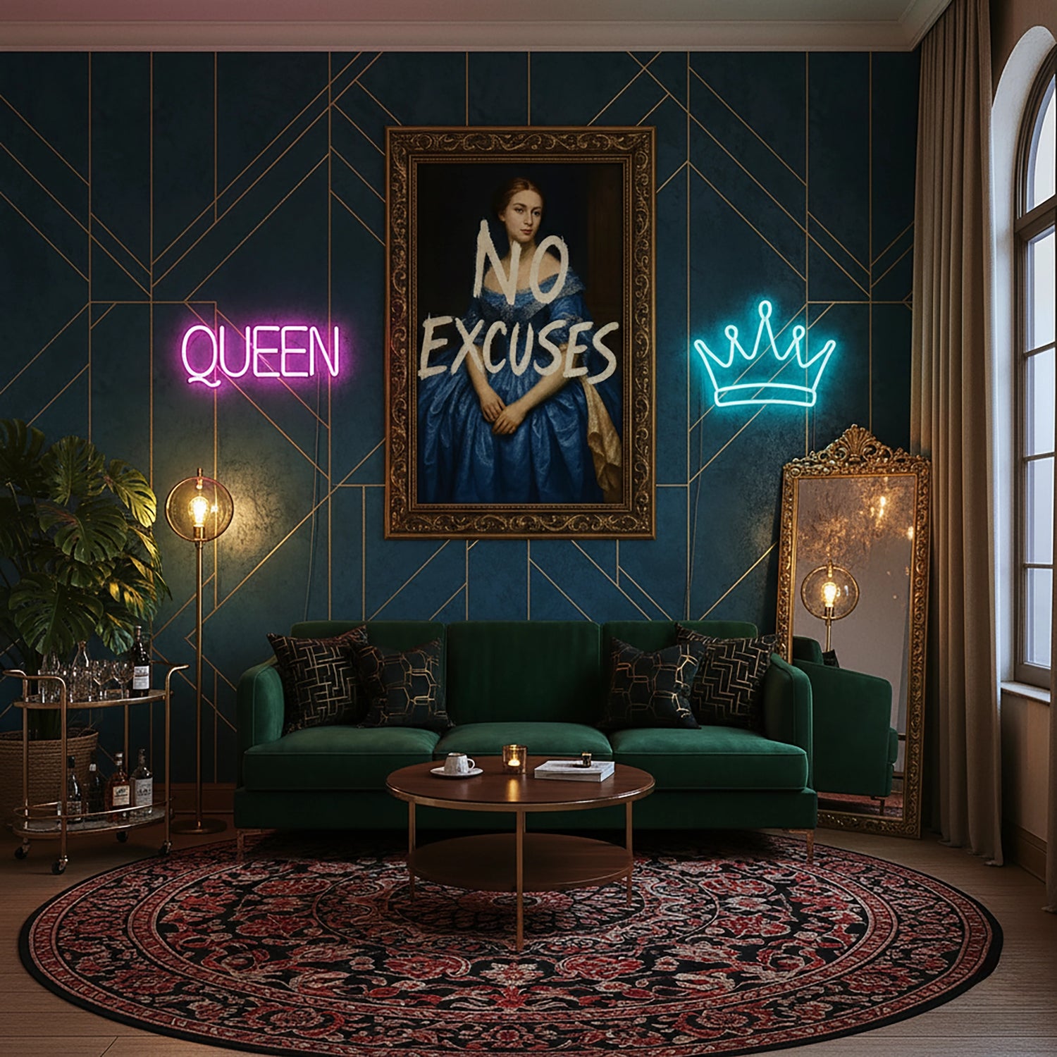 Çerçevesiz kanvas tablo, klasik sanat tarzında zarif kadın portresi ve NO EXCUSES tipografisiyle tasarlanmış ilham verici bir duvar dekoru sunar. Yüksek çözünürlüklü FabricUp dijital baskı kalitesi sayesinde estetik, premium ve modern dekorasyon için dikkat çekici bir sanat eseri oluşturur.