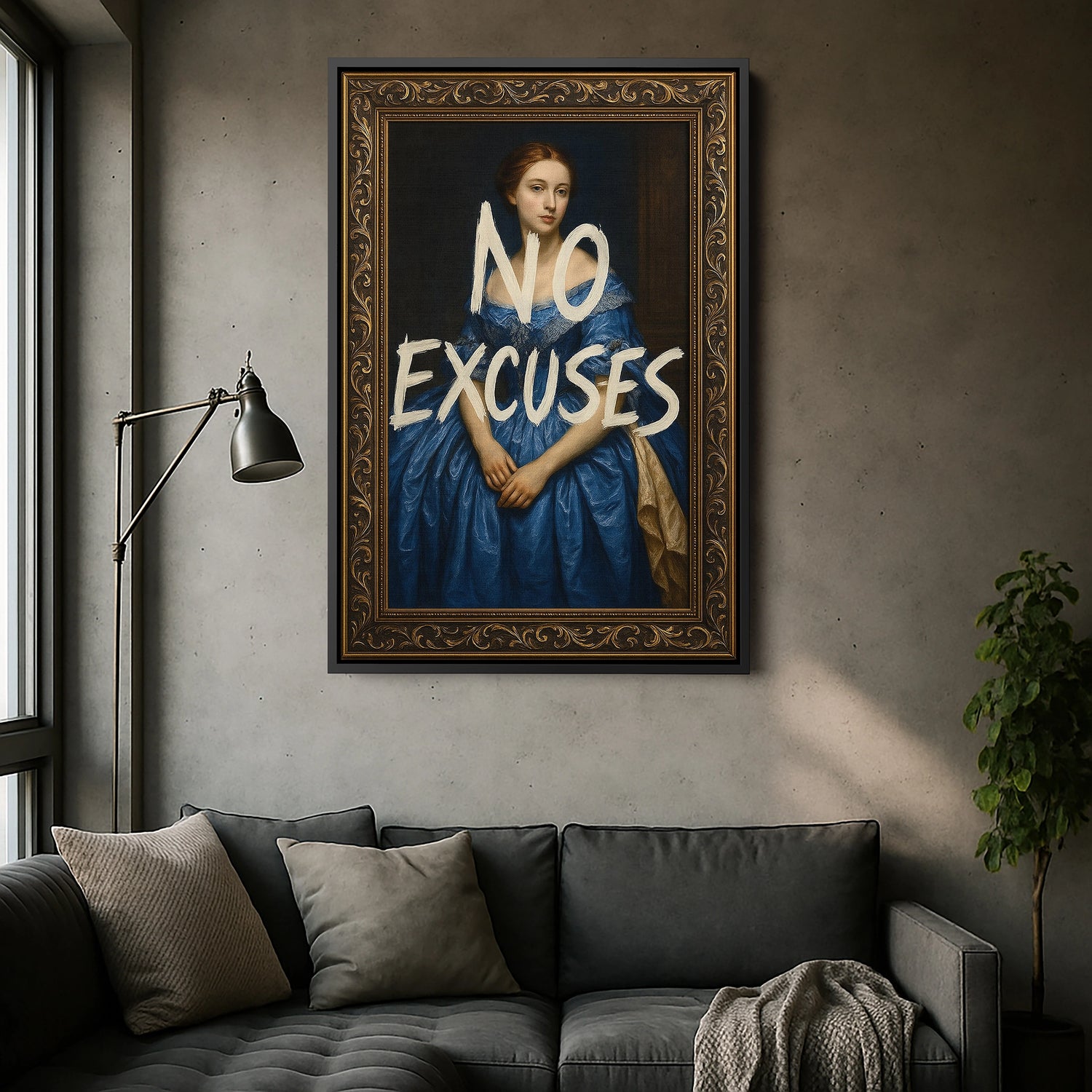 Siyah çerçeveli kanvas tablo, koyu arka plan ve dramatik klasik portreyle güçlü kontrast yaratan dekoratif duvar dekoru tasarımıdır. FabricUp dijital baskı teknolojisi ile üretilen yüksek çözünürlüklü baskı, net detaylar ve derin renklerle modern kanvas tablo görünümü sağlar.