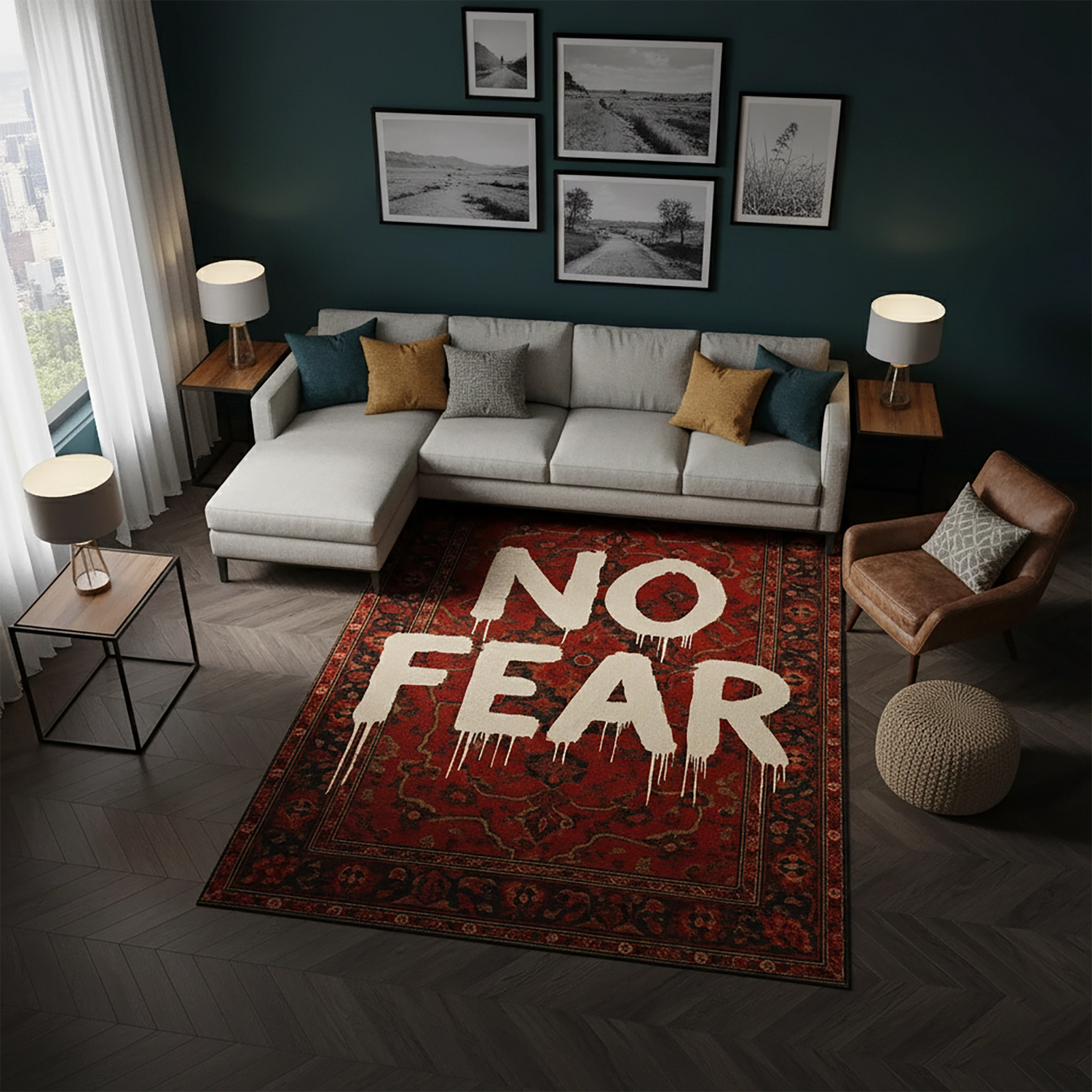 Kırmızı zemin üzerine klasik oryantal desenlerle çevrili, ortasında büyük “NO FEAR” tipografisi bulunan modern dijital baskı halı, güçlü mesajı ve kontrastlı renk yapısıyla dikkat çeker. Yüksek çözünürlüklü baskı sayesinde harf kenarları, doku detayları ve desen geçişleri net şekilde görünür. Salon, genç odası, ofis ve motivasyon temalı yaşam alanlarında kullanılabilecek bu tasarım, cesur stil arayanlar için karakterli bir zemin oluşturur. FabricUp koleksiyonuna ait özgün ve vurucu bir halı tasarımıdır.
