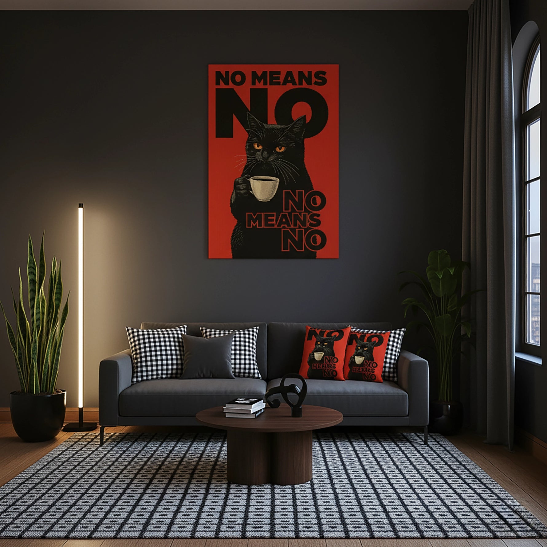 Çerçevesiz kanvas tablo olarak tasarlanan bu retro poster tarzı duvar dekoru, kahve fincanı tutan siyah kedi illüstrasyonu ve “No Means No” tipografisiyle güçlü ve asi bir mesaj verir. Minimal kırmızı siyah renk paletiyle dikkat çeken yüksek çözünürlüklü FabricUp dijital baskı sanat eseridir.
